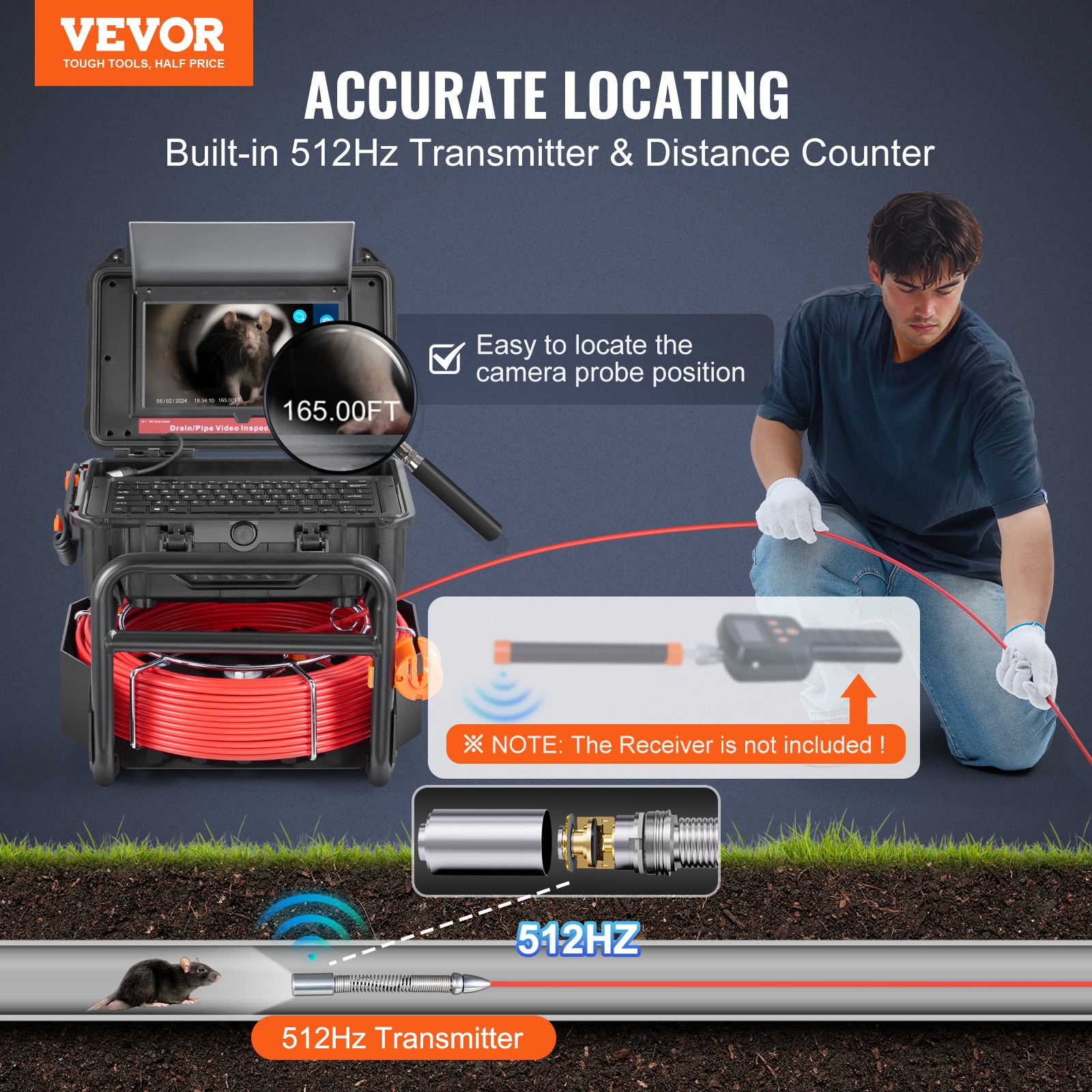 Sewer Camera, 165 Ft/50m, Self-Leveling Drain Camera With 10.1" Touchscreen... 2