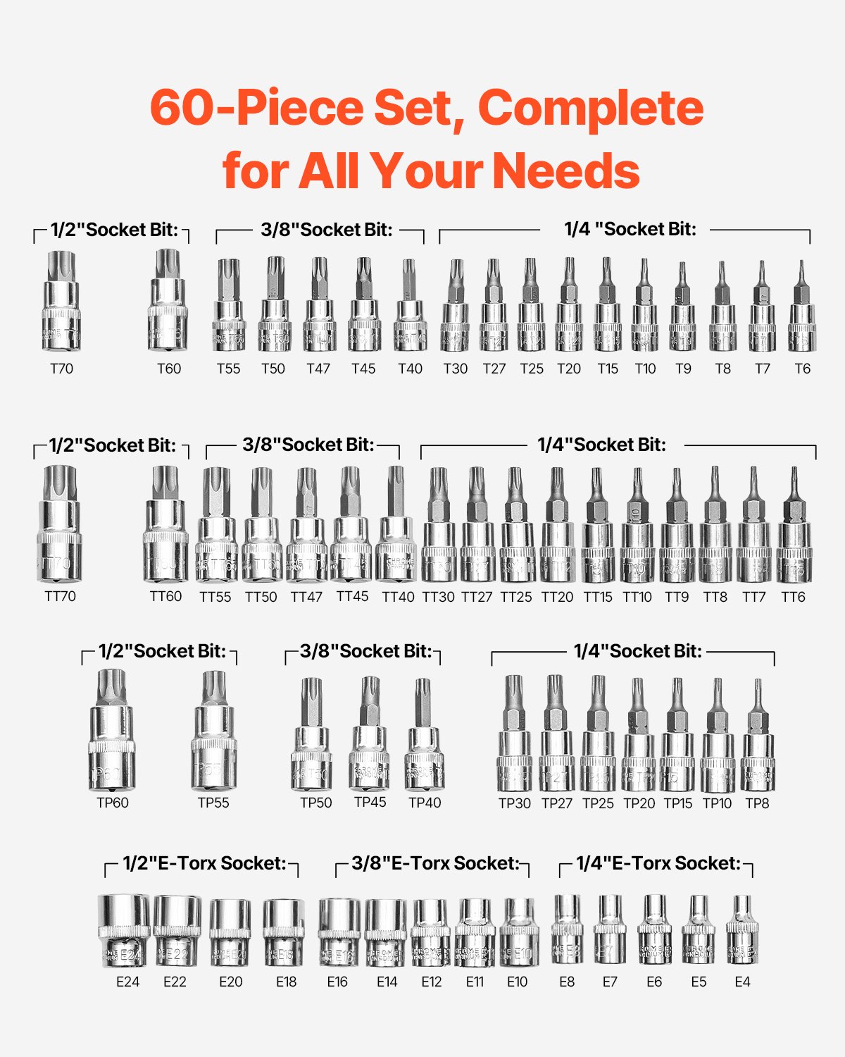 Torx Bit Socket And External Torx Socket Set, 60-Piece T6-T70, TT6-TT70, TP8-TP60, E4-E24, S2 Alloy Steel… image 3