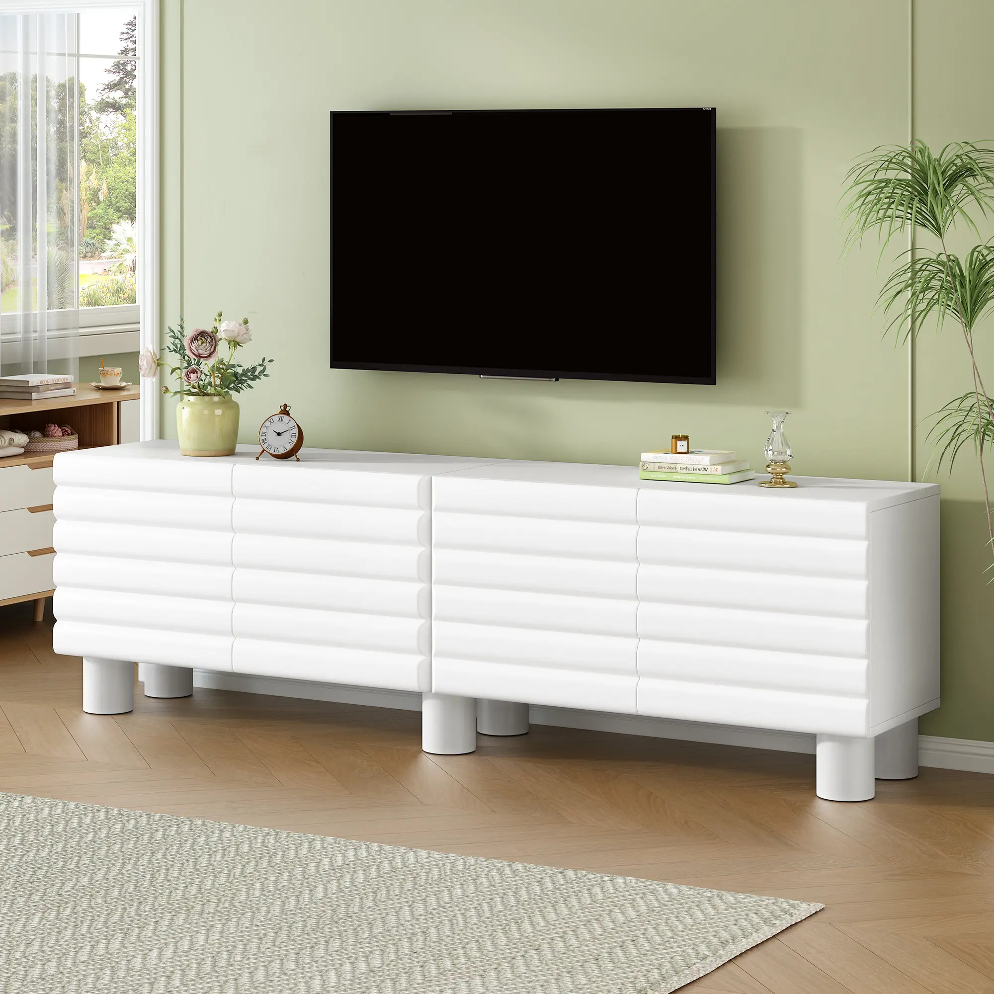 Stylish Thick Wavy Door TV Cabinet With Adjustable Shelves, Cream Style TV Stand With 4 Cabinets For TVs Up To 75, Solid Media Console With Cylindrical Legs And