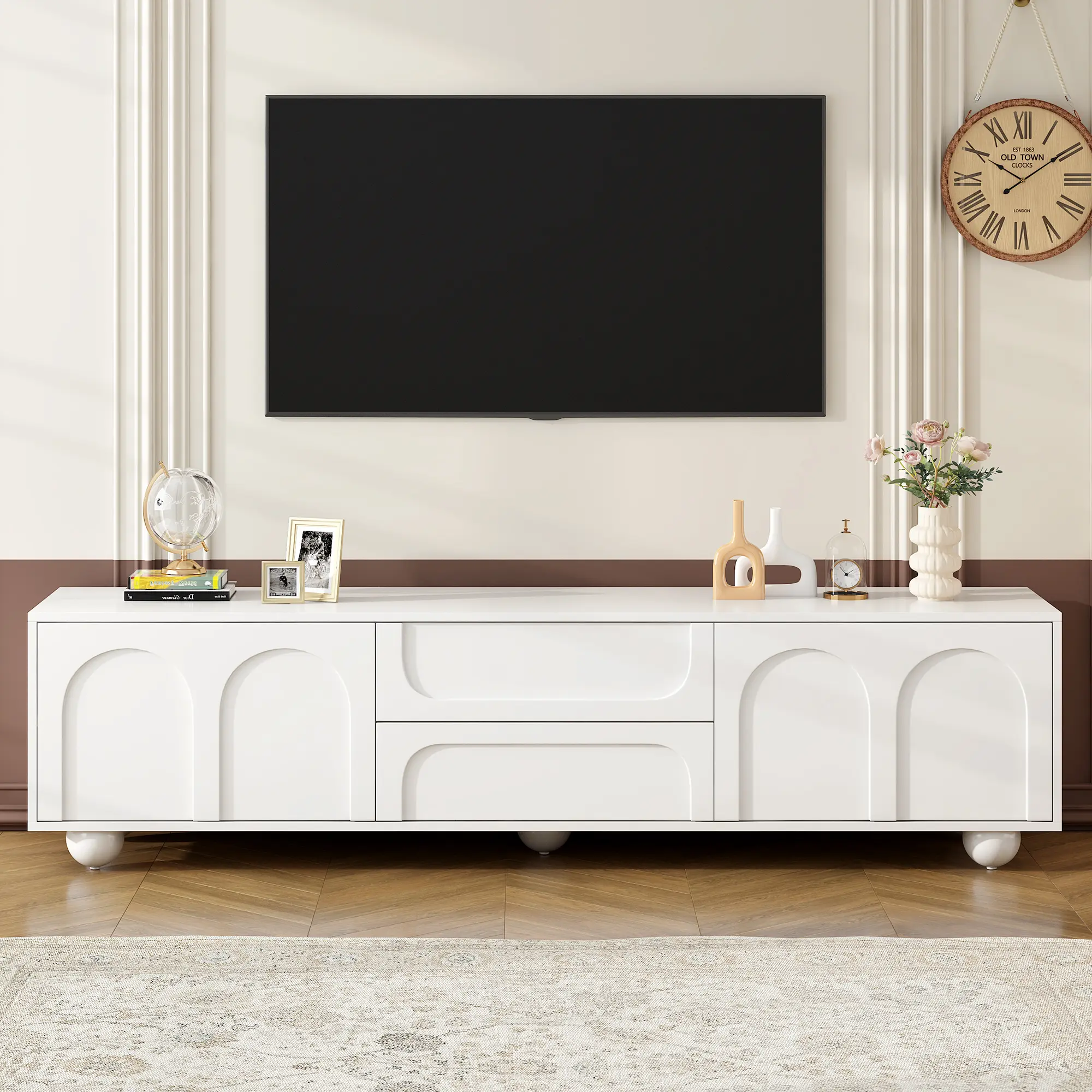 ON-TREND Cream Style TV Stand With Arched Doors 2 Drawers For TVs Up To 75, Minimalist Media Console With Rebound Device, Entertainment Center With 5 Iron Roun