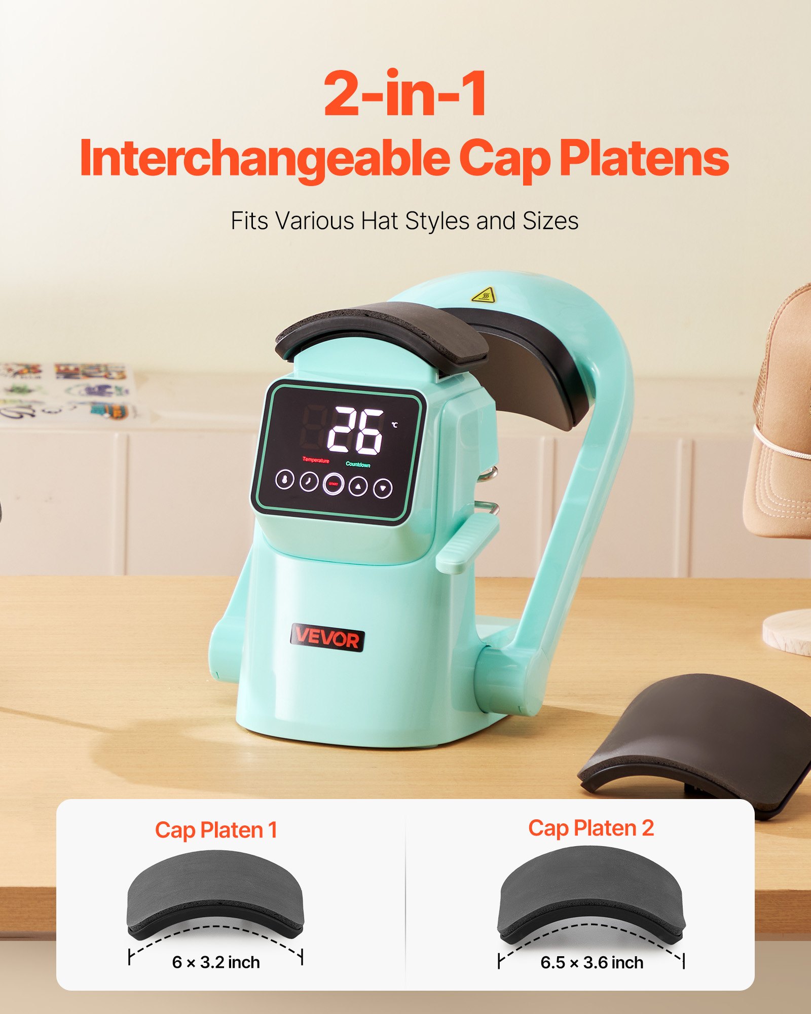 Auto Hat Heat Press Machine, With 2pcs Interchangeable Platens, Automatic Open And Release, Touchscreen For Precise Time And Temperature Control, Heat Transfer Printing For Caps, Hats, Green