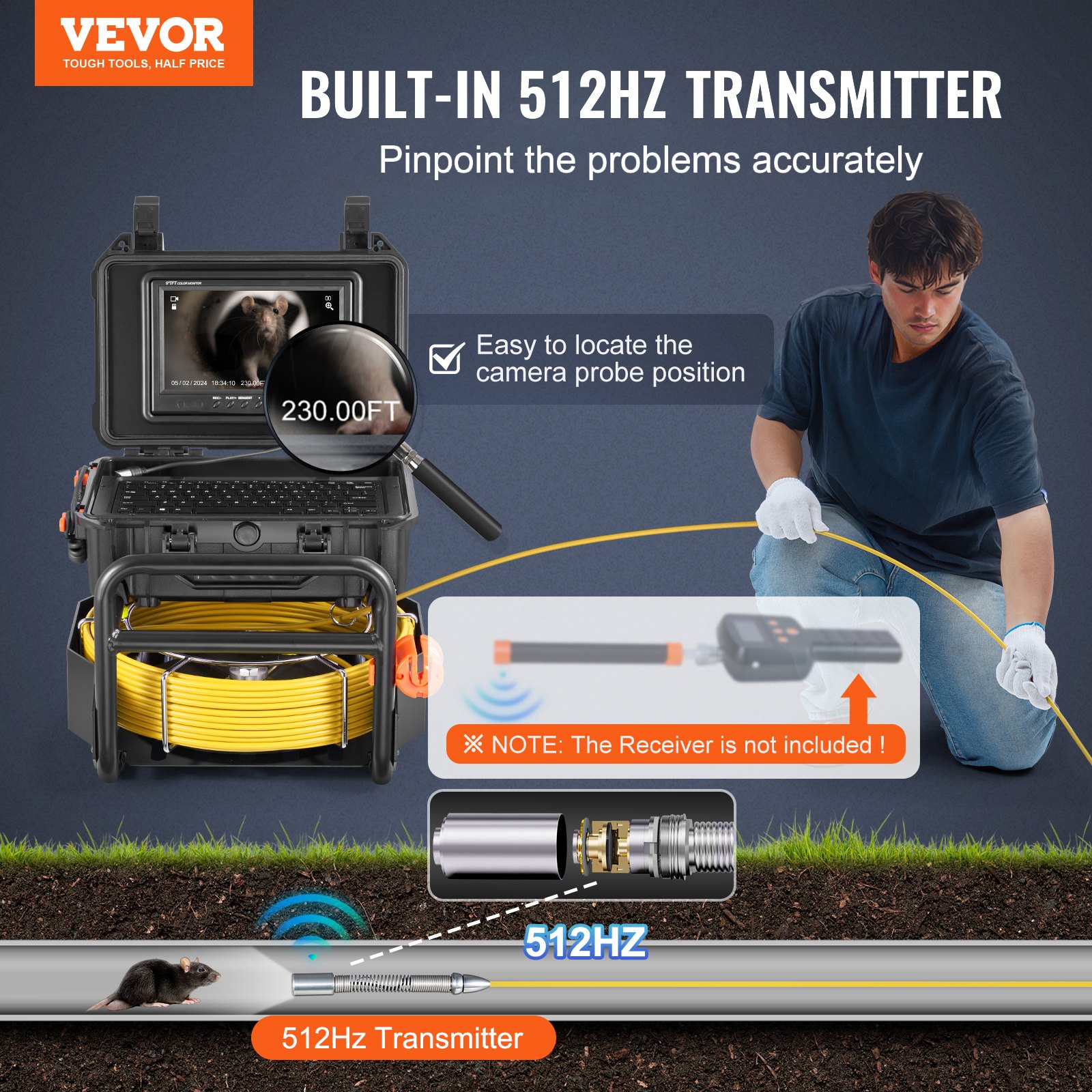 Sewer Camera, 230 Ft/70m, Self-Leveling Drain Camera With 512Hz Transmitter... 2