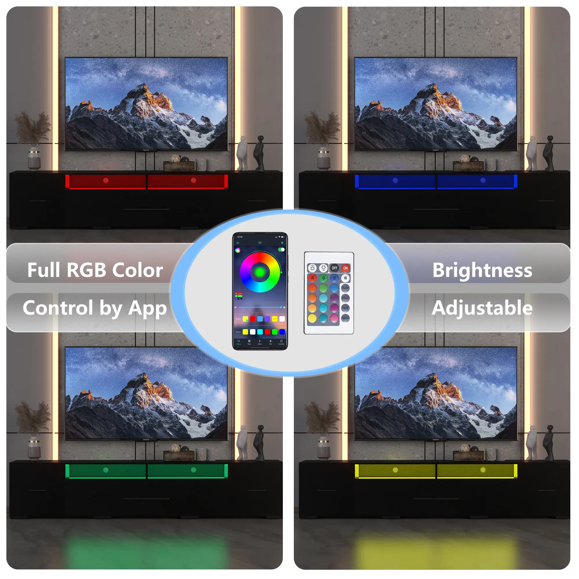 Video TV Console With Storage Cabinets, Remote, APP Control Long LED TV Stand, Full RGB Color Selection, 31 Modes Changing Lights Modern Entertainment Center Wi