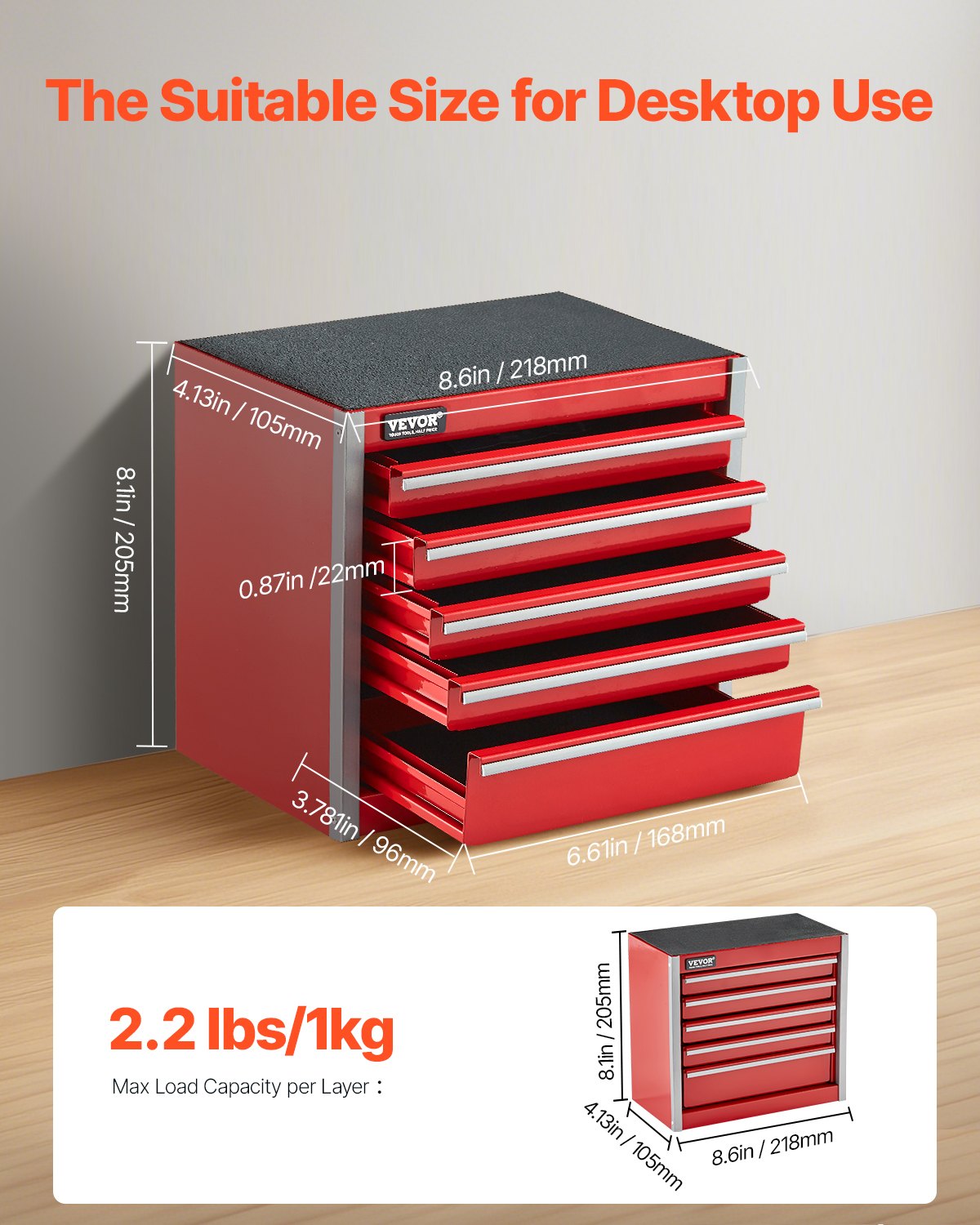 Metal Tool Box, 8.6-inch, Portable Metal Tool Box With 5 Drawers, Small Tool Chest With EVA Liners And PP Feet Pads, Heavy-Duty Steel With Ball Bearing Opening And Powder Coated Finish, Red image 2
