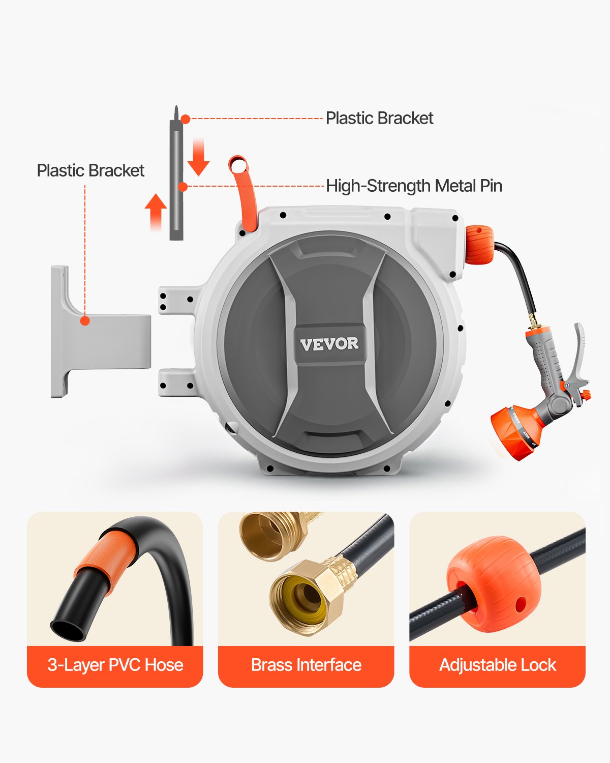 Retractable Garden Hose Reel, 1/2 Inch X 84 Ft Wall Mounted Hose Reel, Heavy Duty Garden Hose Reel With 9 Patterns Nozzle, Any Length Lock, Upgraded Slow Return System And 180°Swivel Bracket image 5