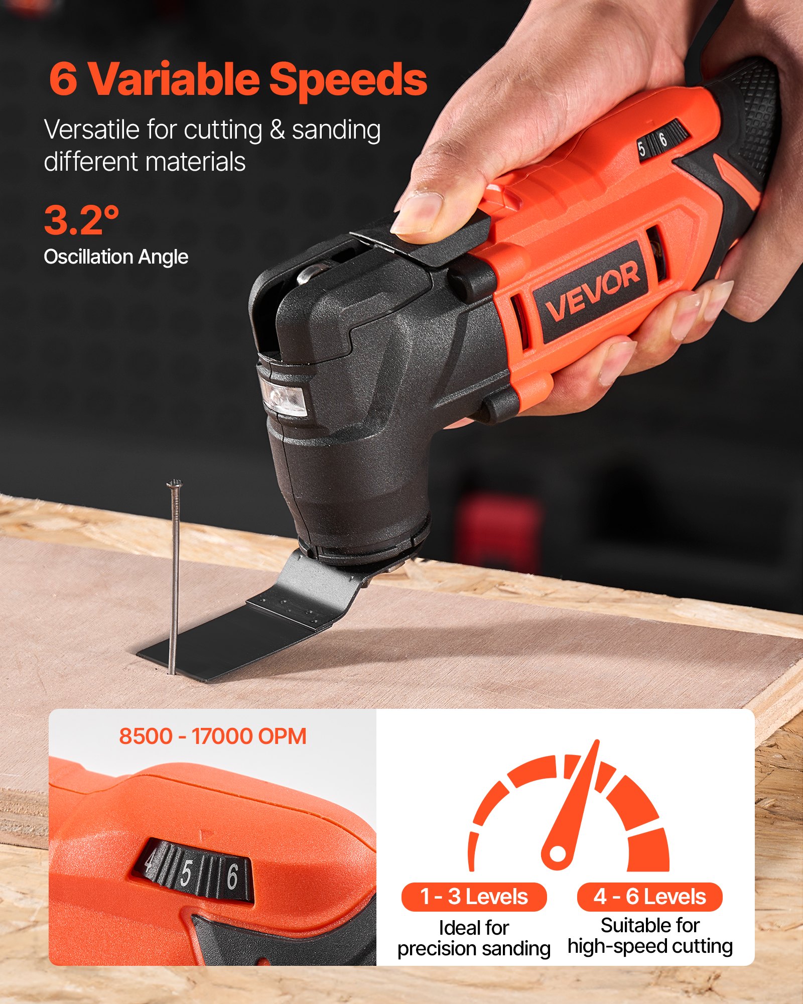 Cordless Oscillating Tool, 20V Multitool Oscillating Tool With 6 Variable Speeds 8500 - 17000 OPM, 3.2° Oscillating Angle, 8PCS Saw Accessories & LED Work Light (Battery Pack Not Included)