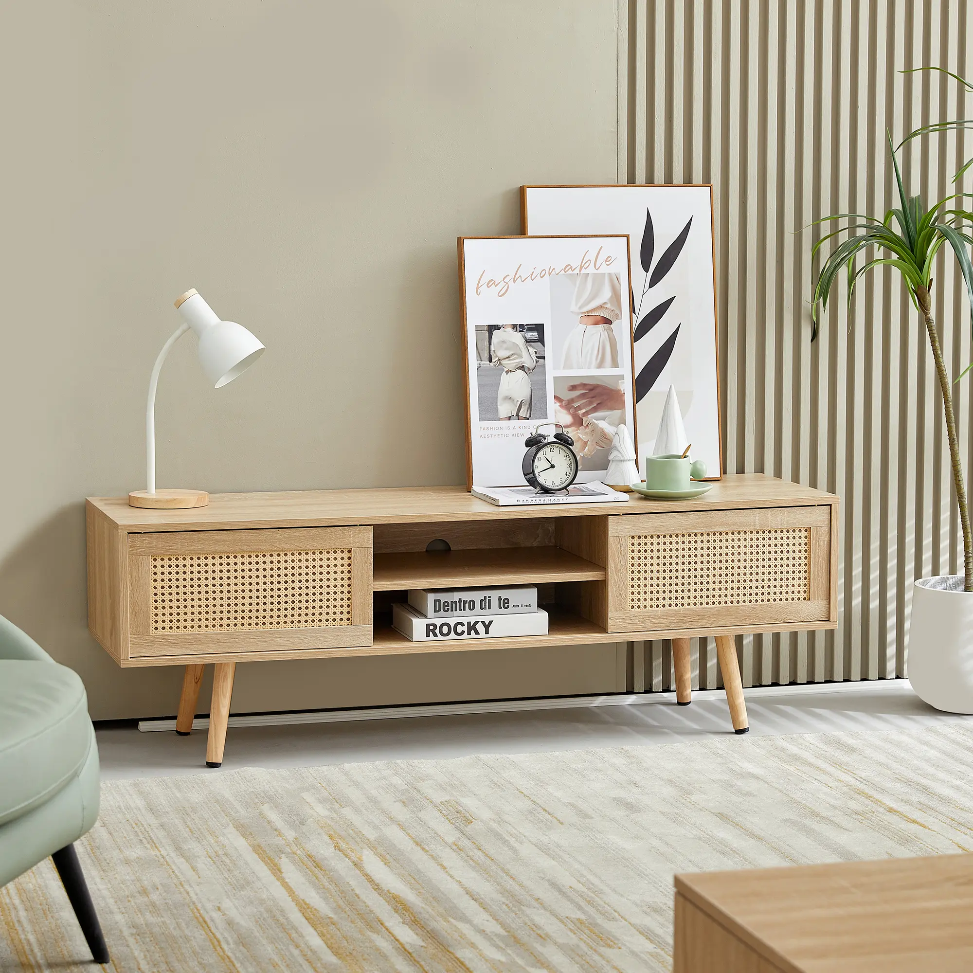 55.12 Rattan TV Cabinet, Double Sliding Doors For Storage, Adjustable Shelf, Solid Wood Legs, TV Console For Living Room ,natural