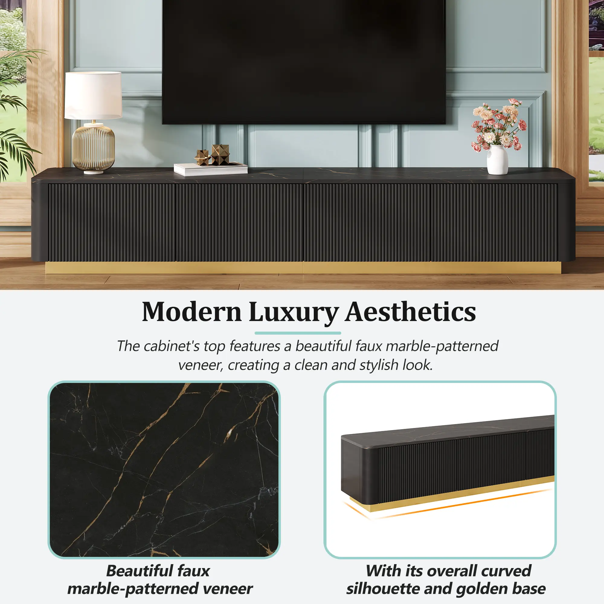 ON-TREND Luxury Fluted TV Stand For TVs Up To 85, Faux Marble Tabletop Media Console With 4 Drawers, Curved Profile Design, Modern Entertainment Center With Gol