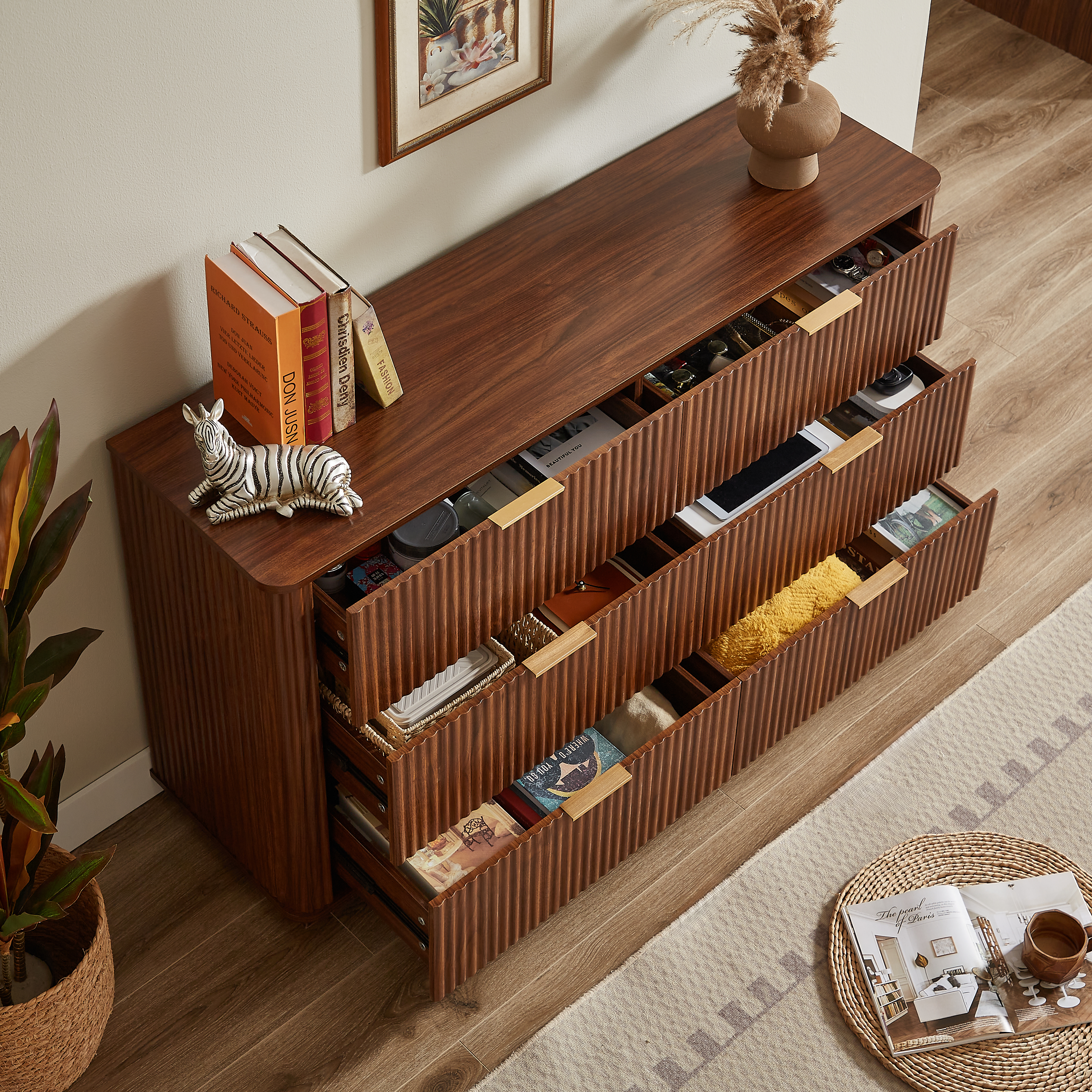 6 Drawers Dresser,55 Wide Modern Chest Of Drawers Curved Wave Design, Dresser TV Stand, Wood Drawer Organizer For Bedroom, Living Room, Hallway, Walnut,55.12''W X 15.75''D X 31.5''H.