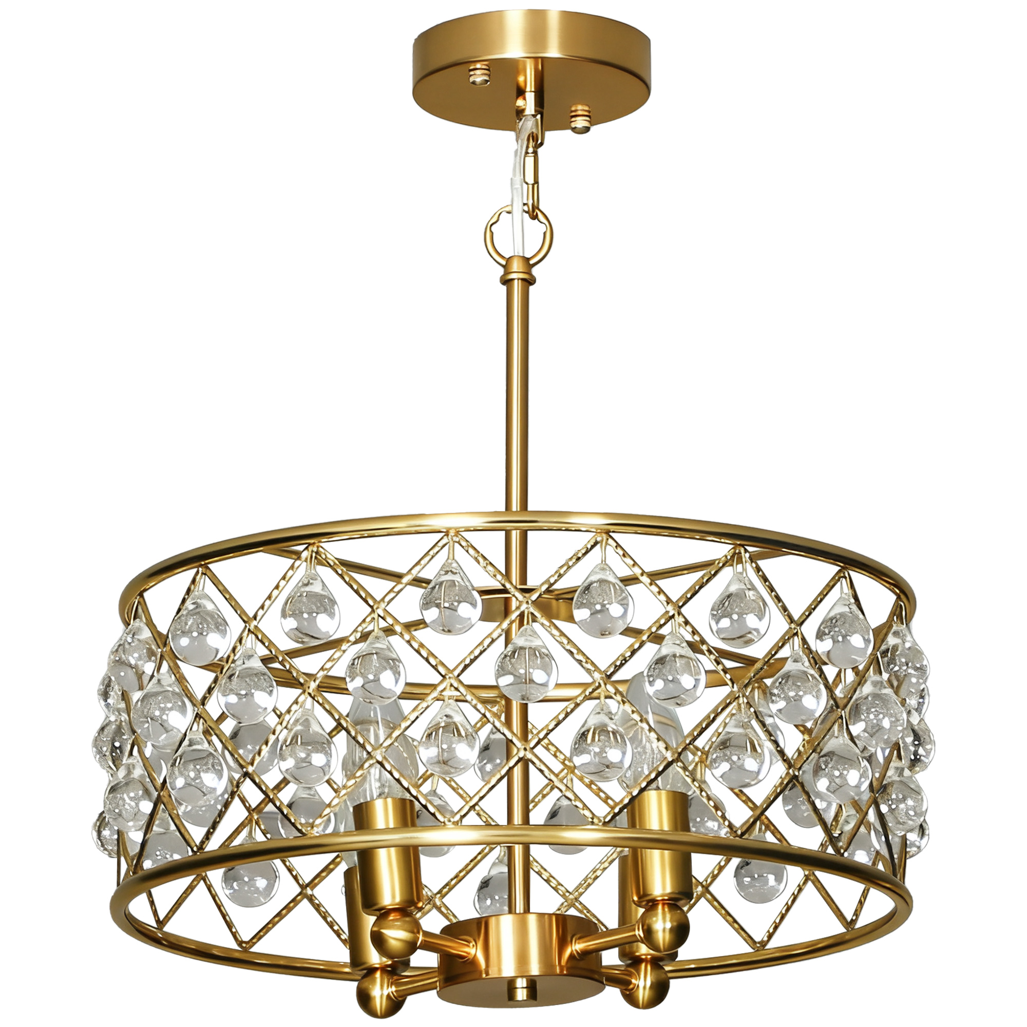 Gold tone four bulb crystal chandelier with crystallite balls and adjustable chain