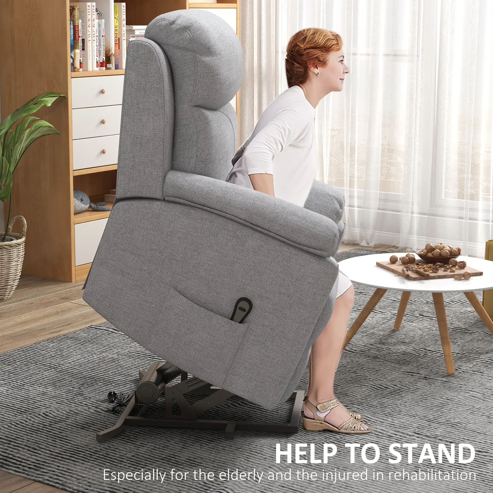 Power Lift Recliner Chair, Electric Lift Chair For Elderly, Overstuffed Linen Fabric Riser And Reclining Armchair With Remote Control, Side Pockets, For Living