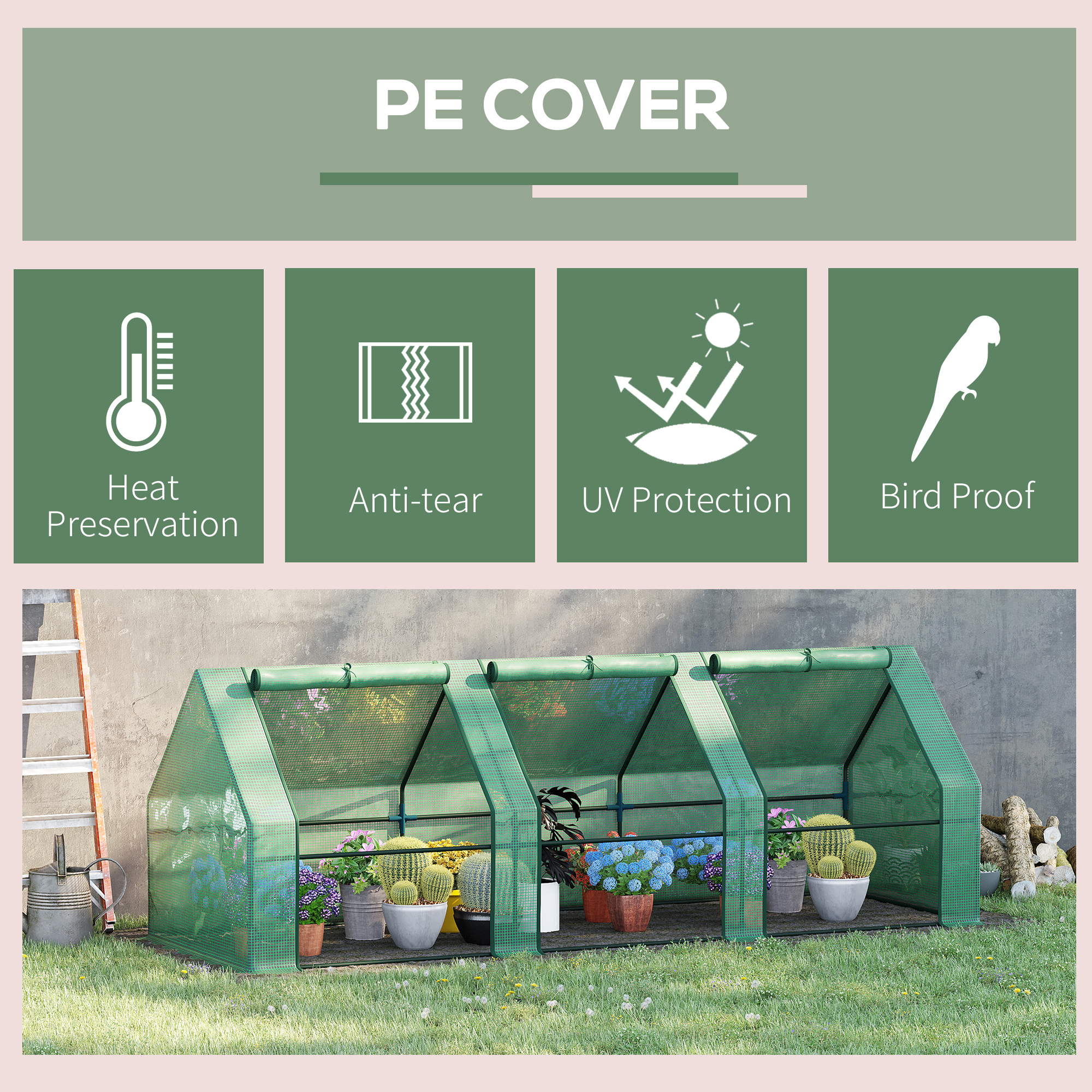 9 x 3 x 3 Portable Mini Greenhouse Outdoor Garden with Large Zipper Doors and Water/UV PE Cover, Green image 4