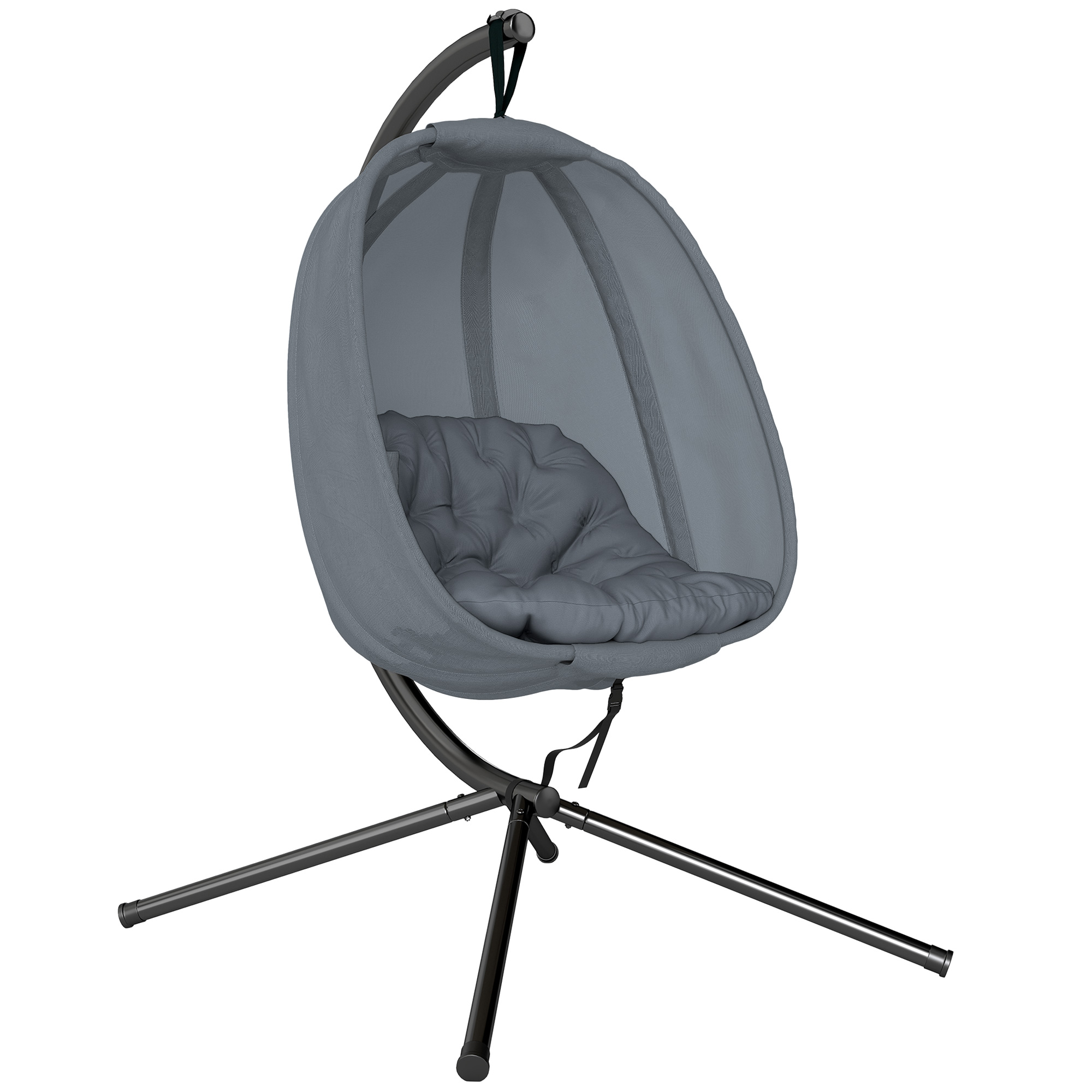 Grey hanging egg chair with three-leg stand and deep cushion
