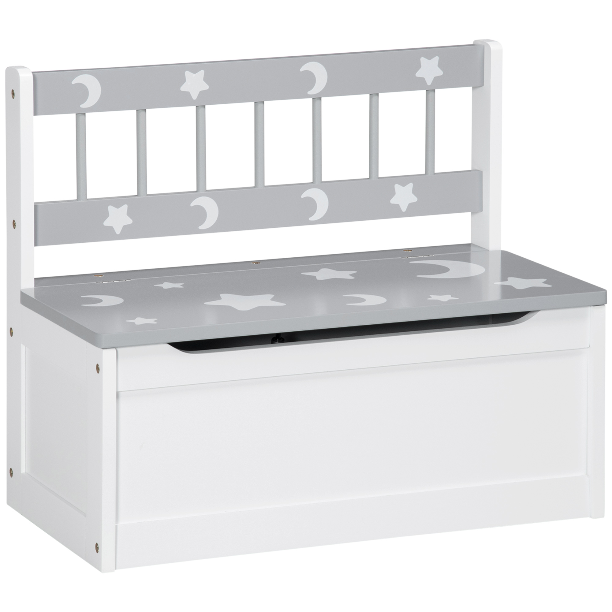 Grey and white toy box bench with moon and star motifs and slow-close lid