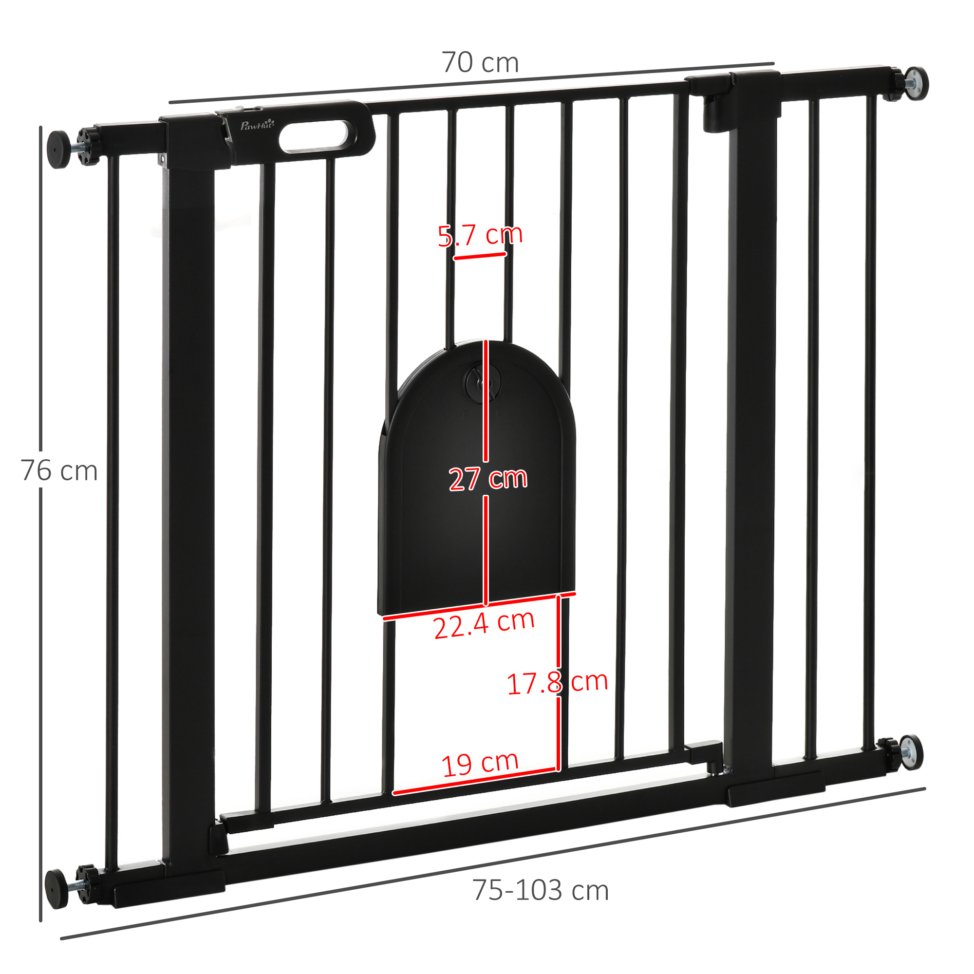PawHut Dog Gate With Cat Flap Pet Safety Gate Barrier, Stair Pressure Fit, Auto Close, Double Locking, For Doorways, Hallways, 75-103 Cm Black
