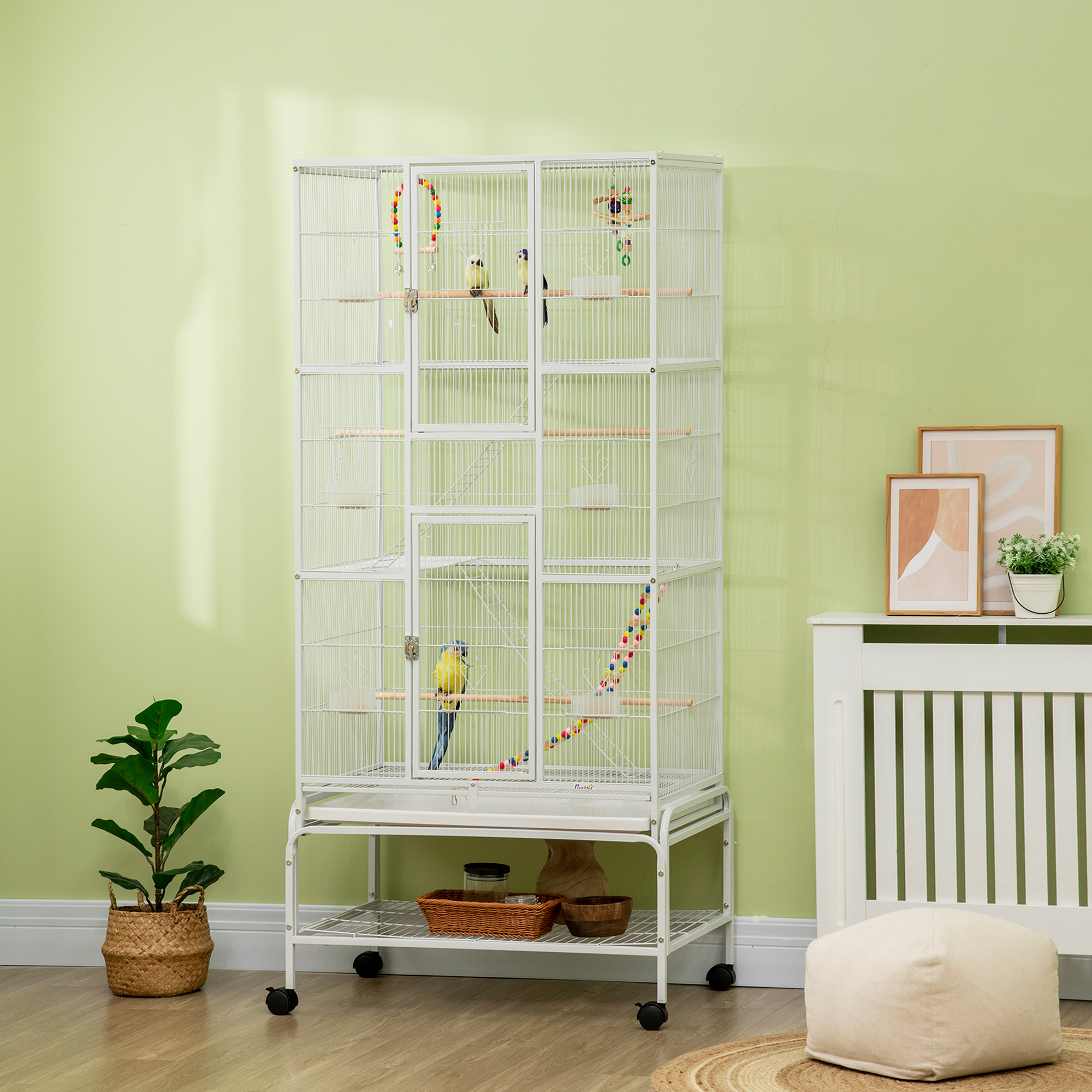PawHut Large Bird Cage Budgie Cage 3 Tier Aviary With Stand Wheels, Toys, Ladders, Shelf For Canaries, Finches, Cockatiels, Parakeets - White