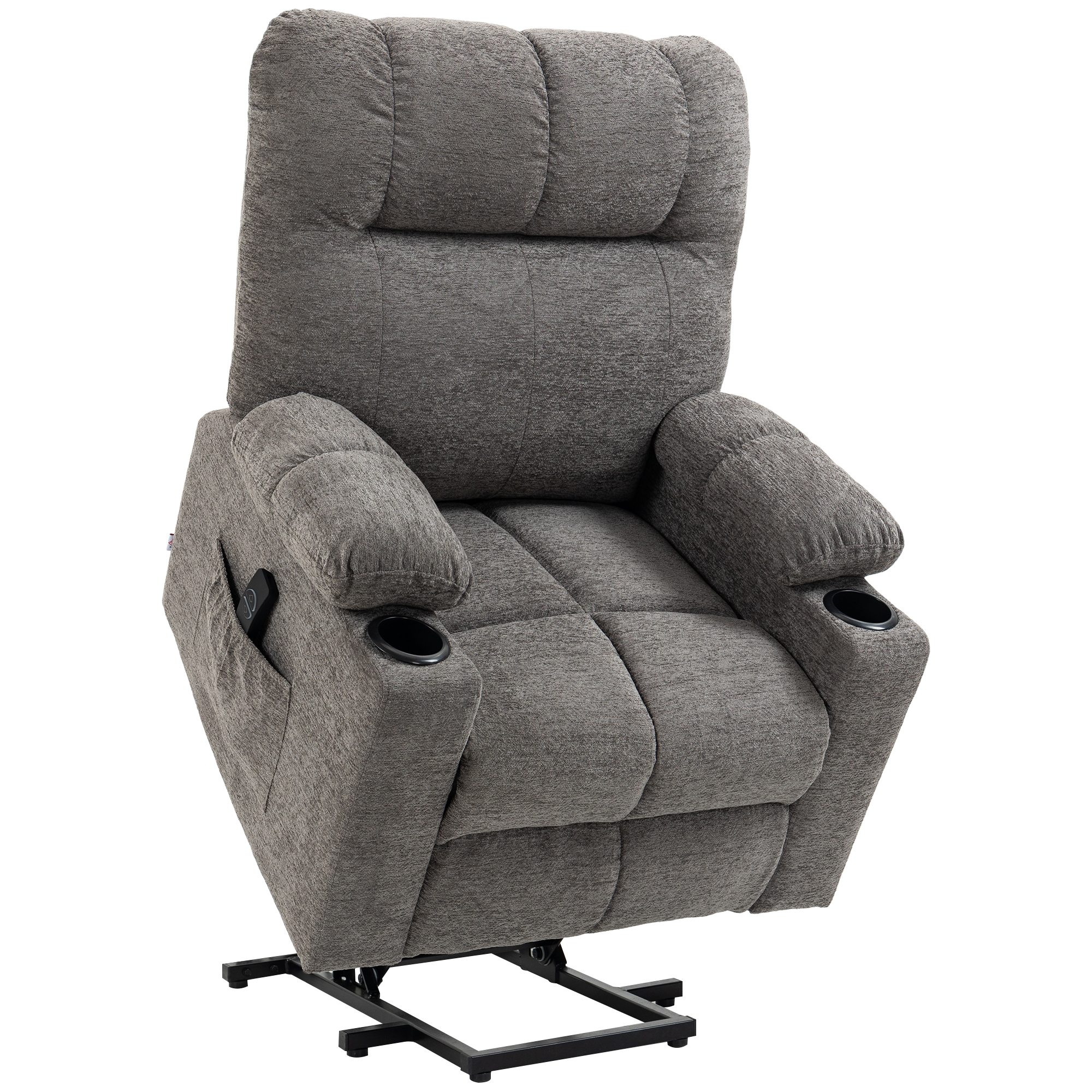 Grey velvet electric riser recliner chair with power lift and cup holders