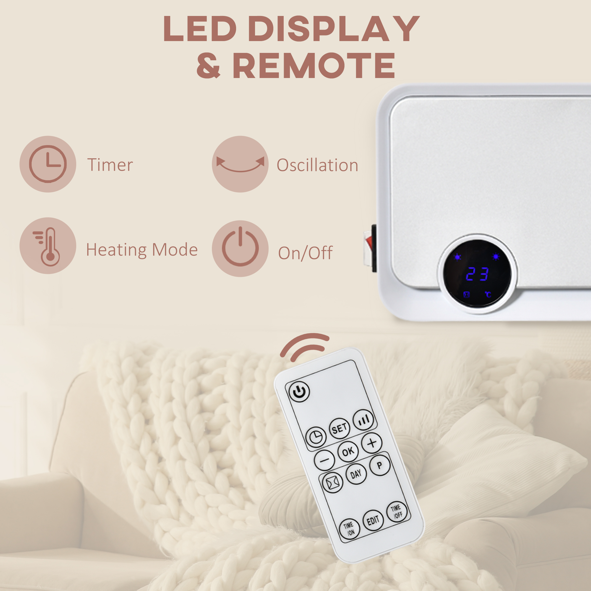 Wall Downflow Heater 2 Heat And Fan1000W2000W, Electric Space With Timer Remote