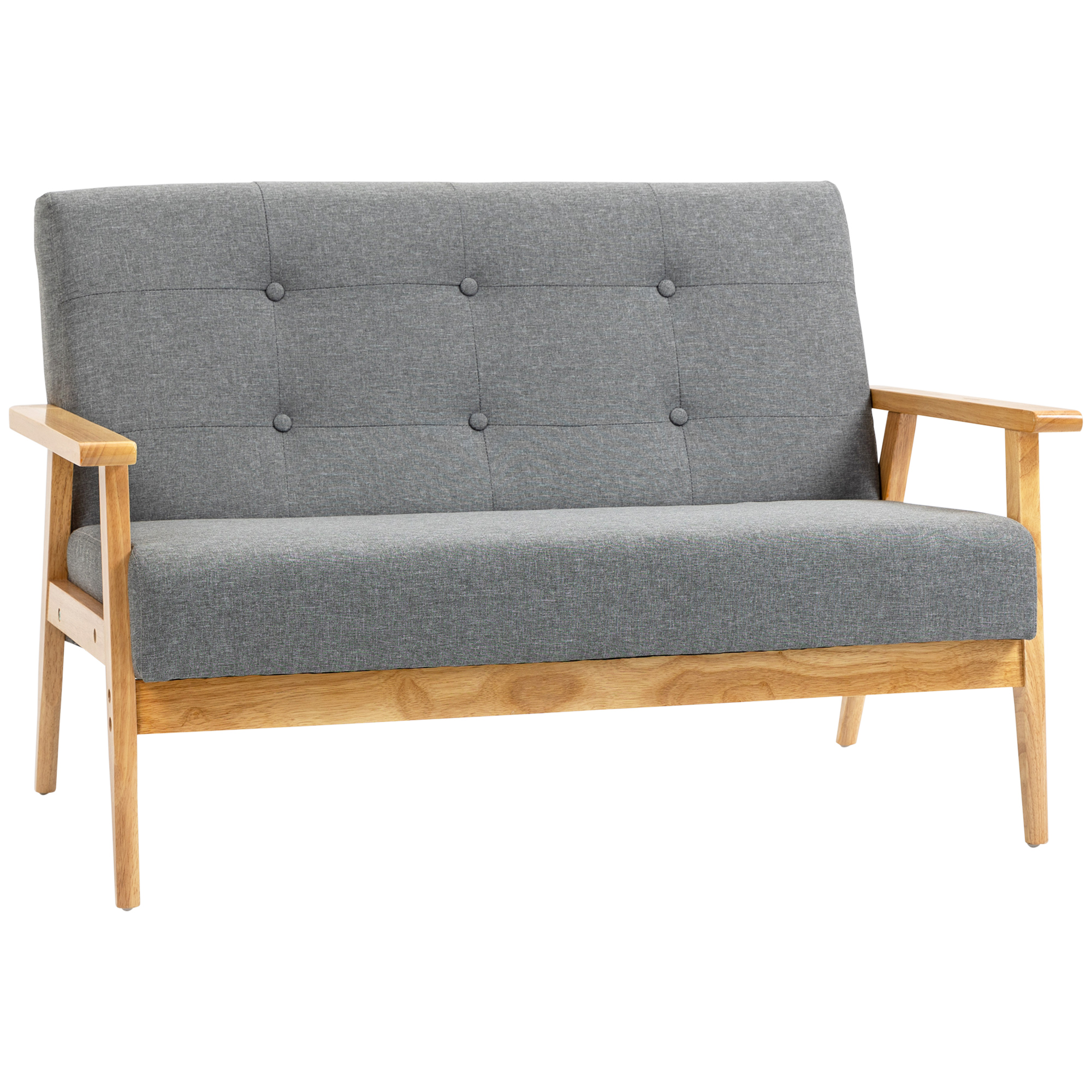 Dark grey linen tufted 2-seater sofa with exposed rubberwood frame, in a compact UK sitting room