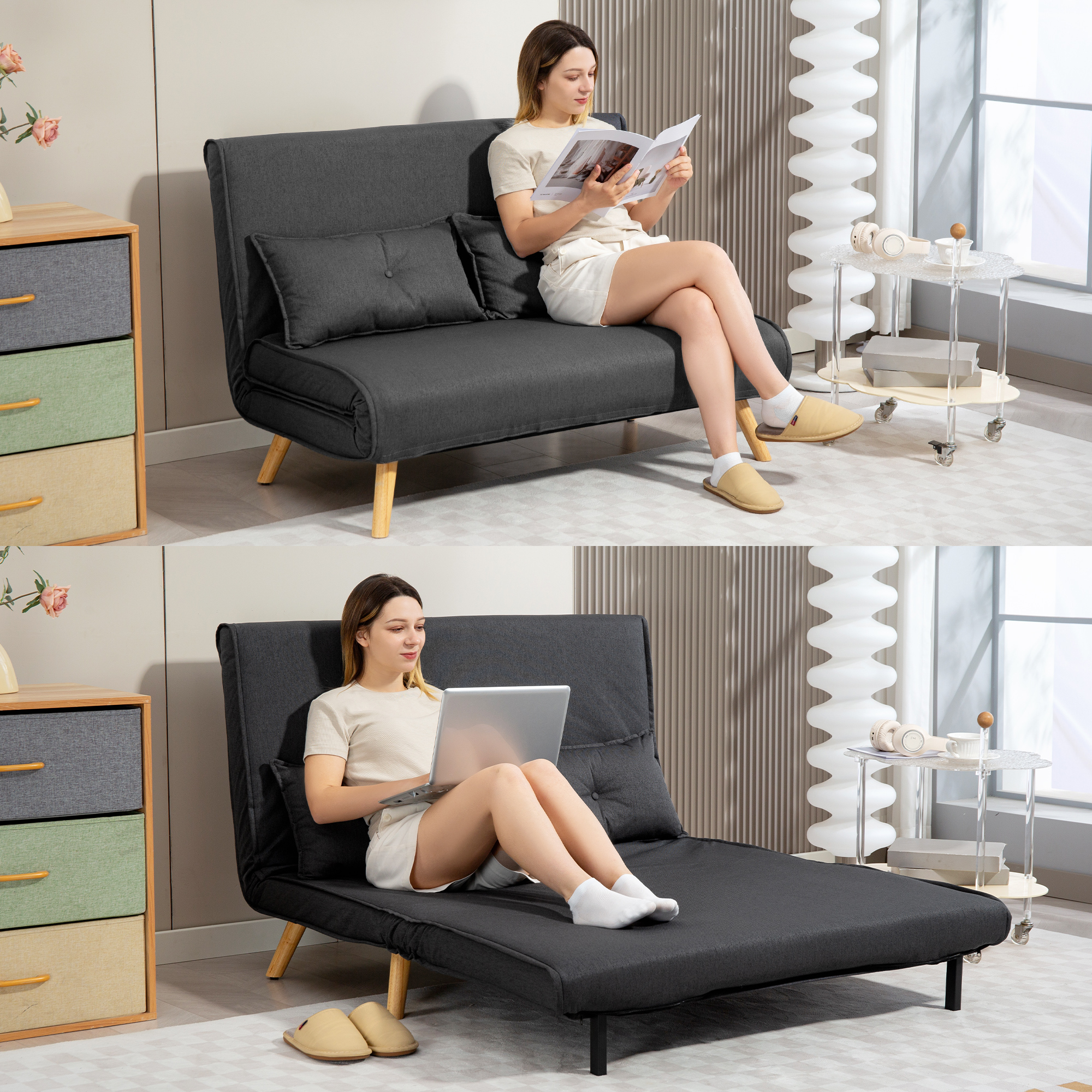 Two-Seater Linen-Look Sofa Bed - Charcoal Grey 095c0426 85c0 4f44 8c2f 4b804e56df07