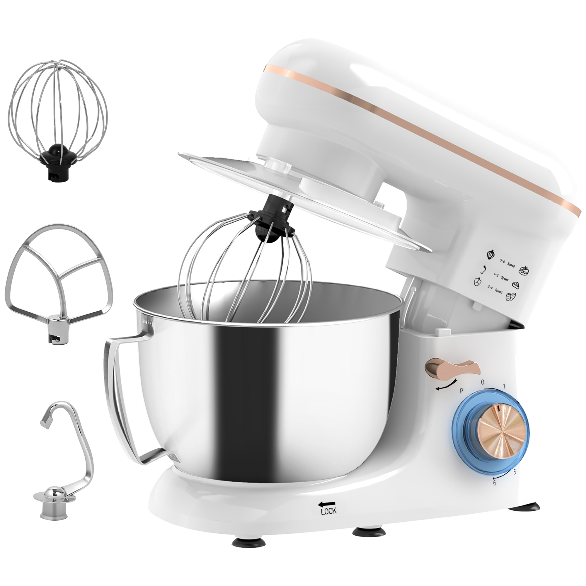 White 1300W stand mixer with 4.5L stainless bowl, whisk and dough hook
