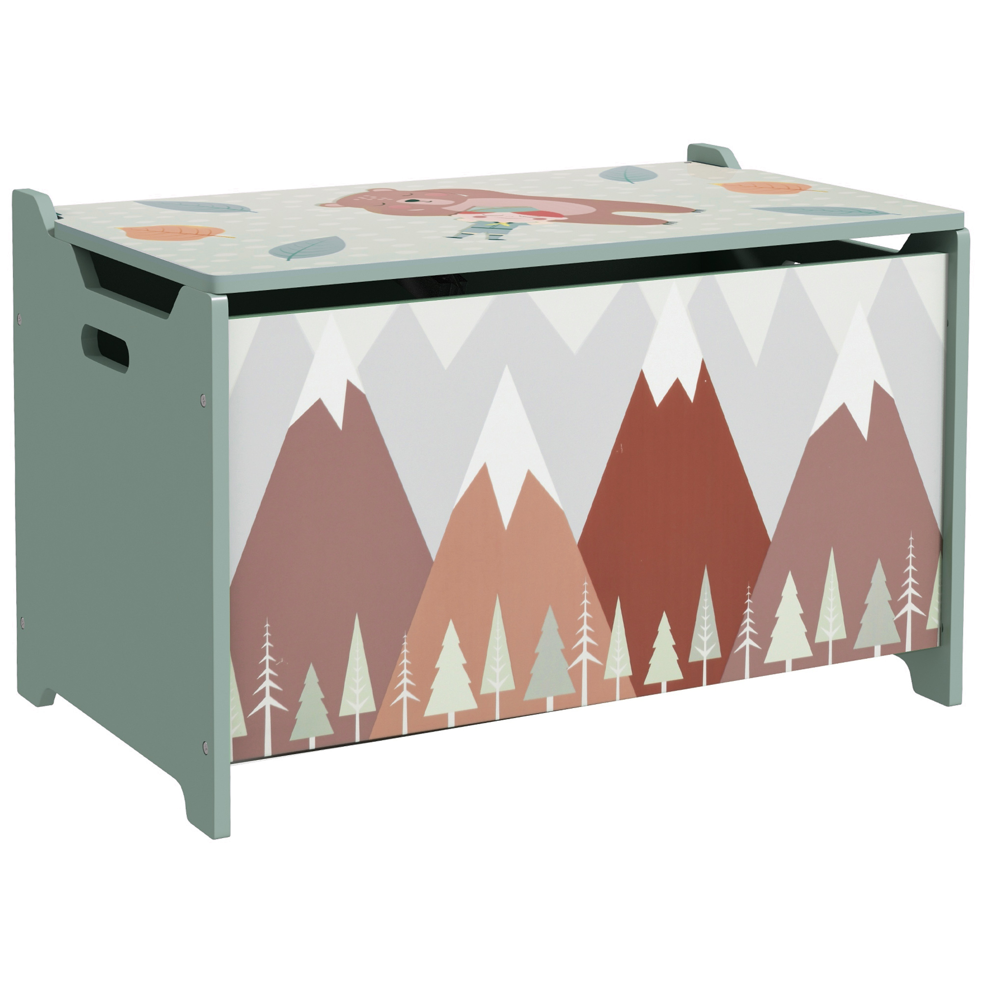 Muted green toy storage chest with mountain illustration and safety hinge