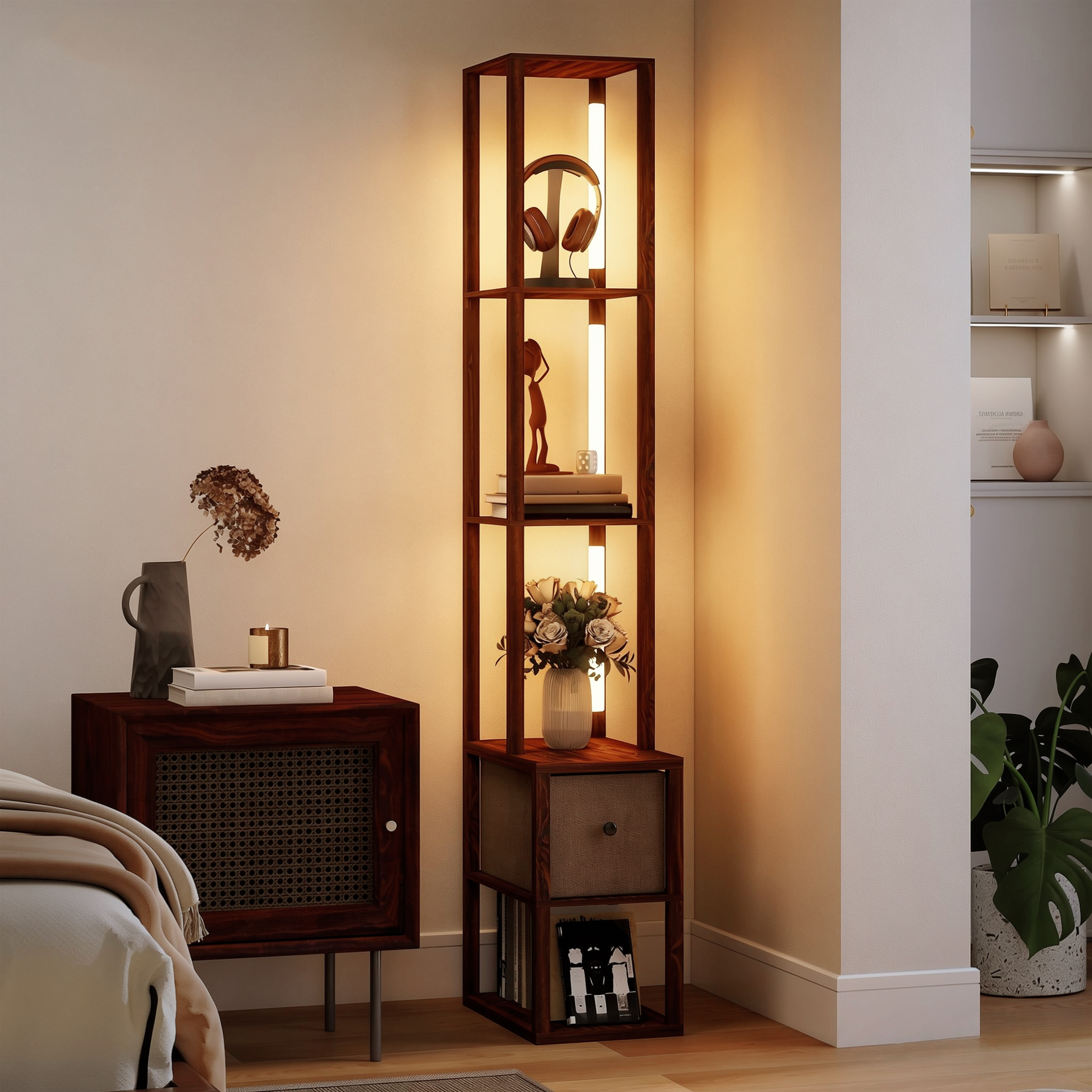 Floor Lamp With Shelves, LED Column Modern Standing Fabric Drawer, Adjustable — image 2