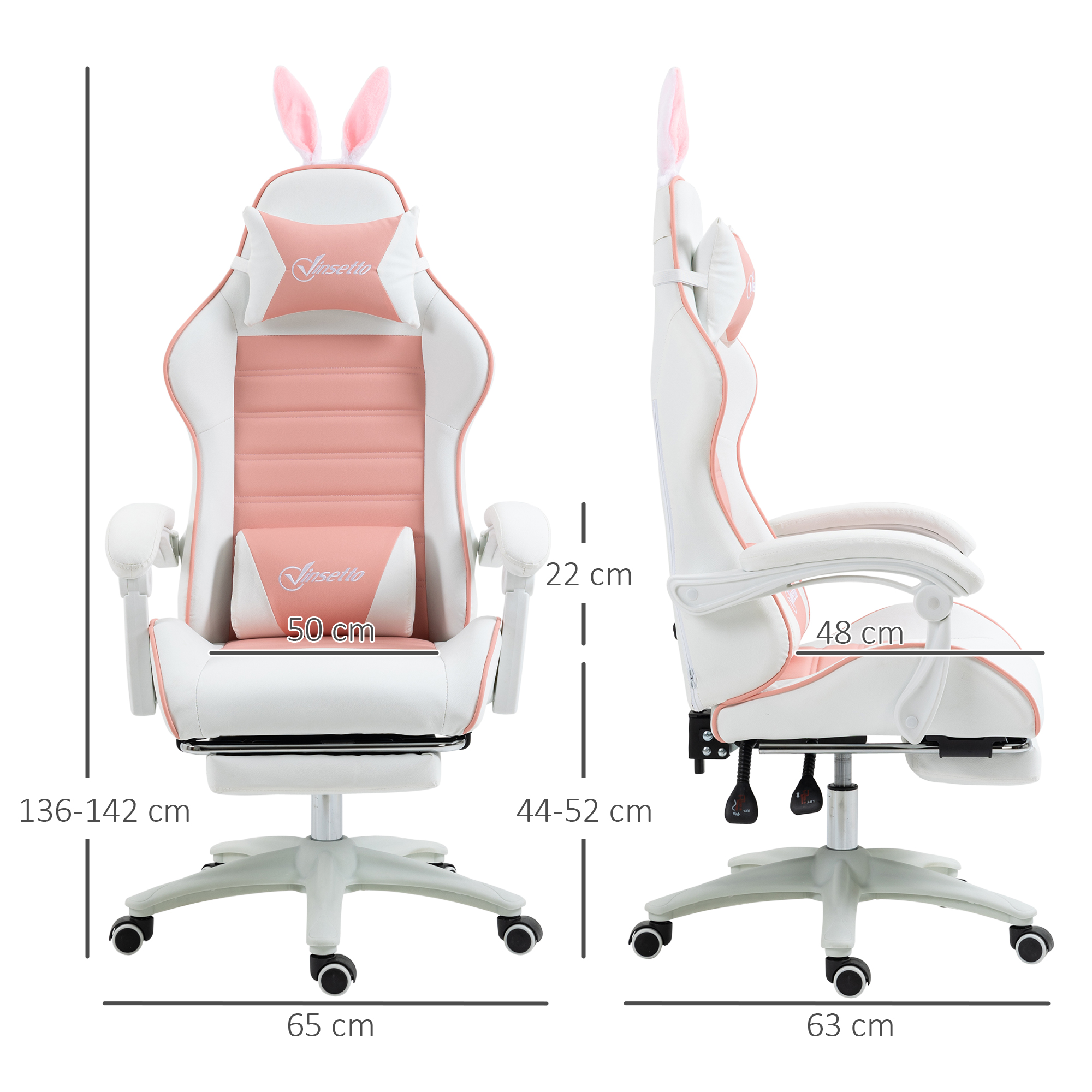Vinsetto Racing Gaming Chair, Reclining PU Leather Computer Chair With Removable Rabbit Ears, Footrest, Headrest And Lumber Support, Pink 5