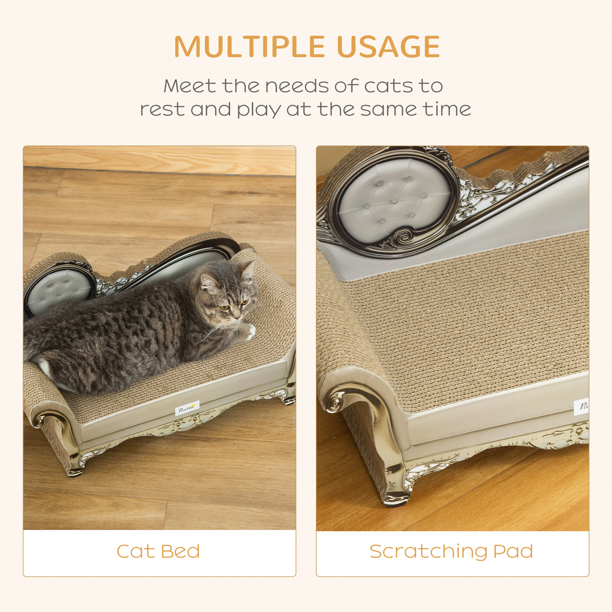Brown cat scratching chaise bed with corrugated cardboard surface