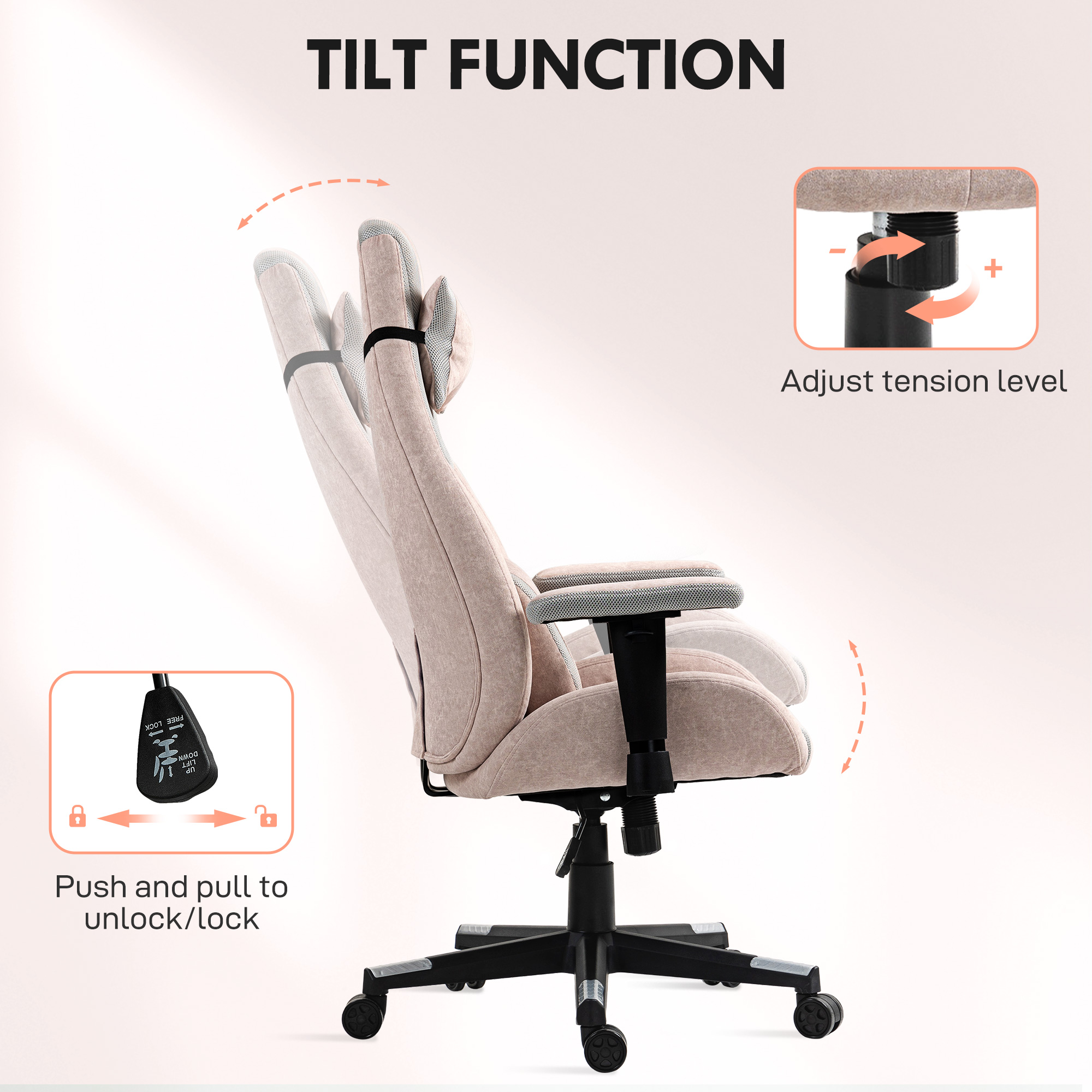 Fabric Gaming Chair With Lumbar Support, Headrest - Pale Pink 3