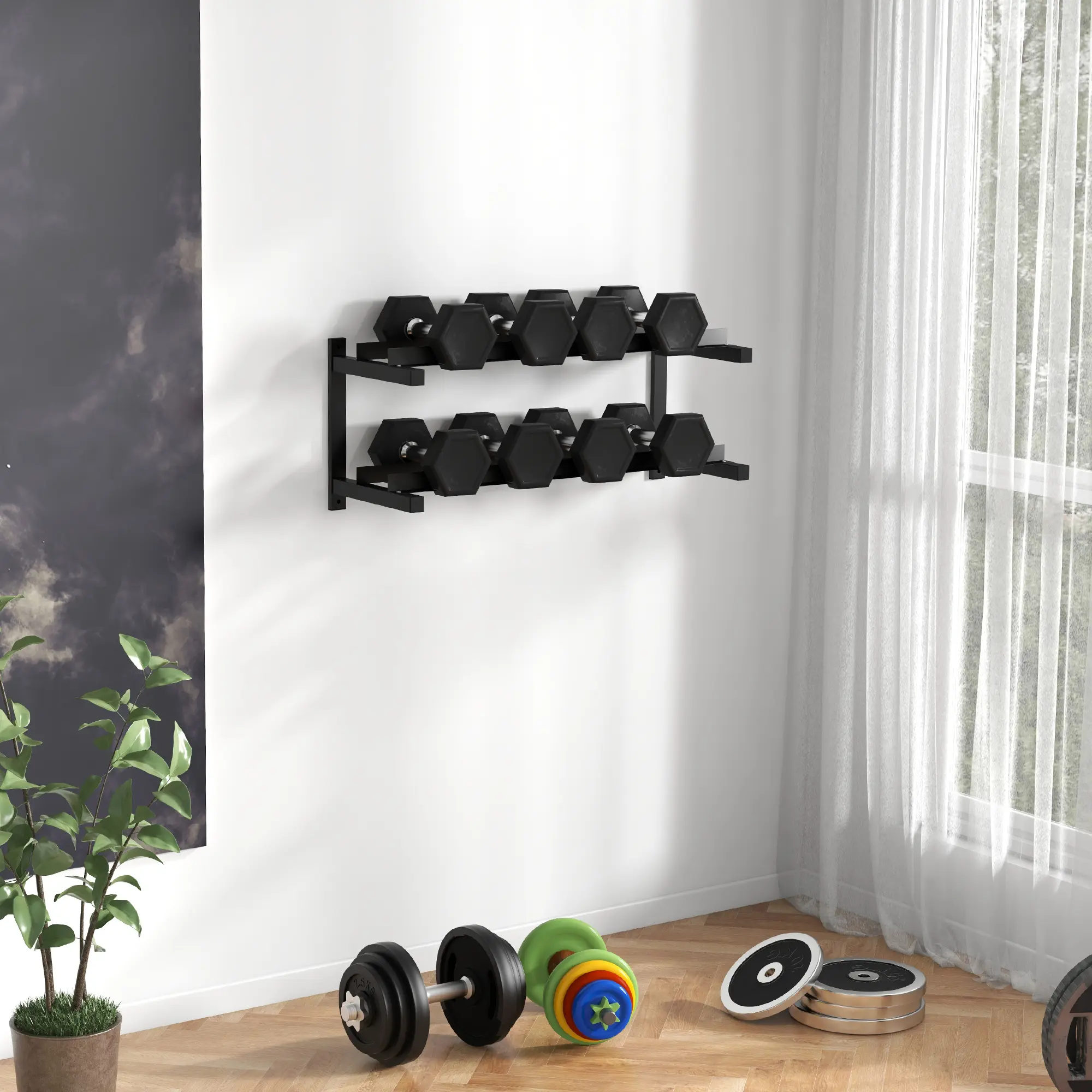 SPORTNOW Wall-Mounted Dumbbell Rack, 2-Tier Weight Stand, Space-Saving And Multi-Functional Steel Organiser For Home Gym, Black
