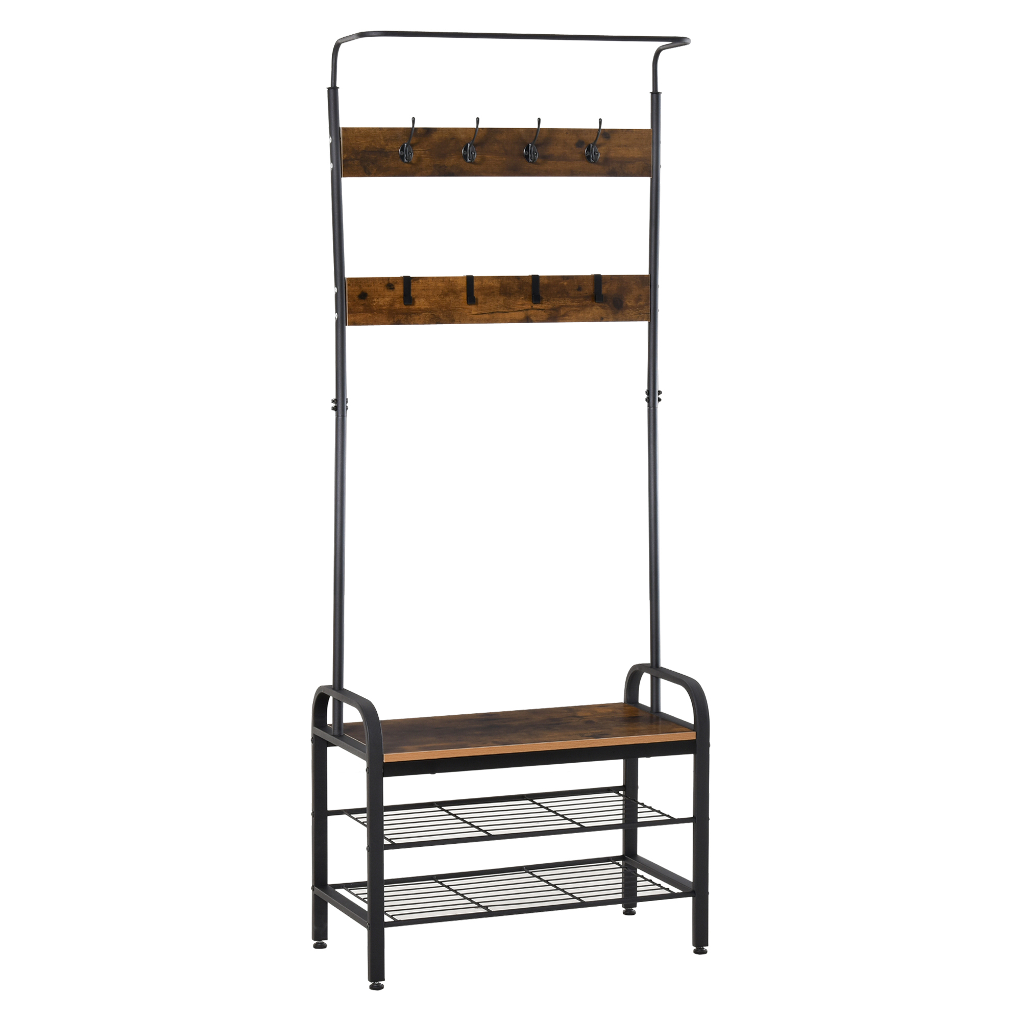 Industrial 185 cm coat stand with eight hooks, a bench seat and two wire shoe shelves