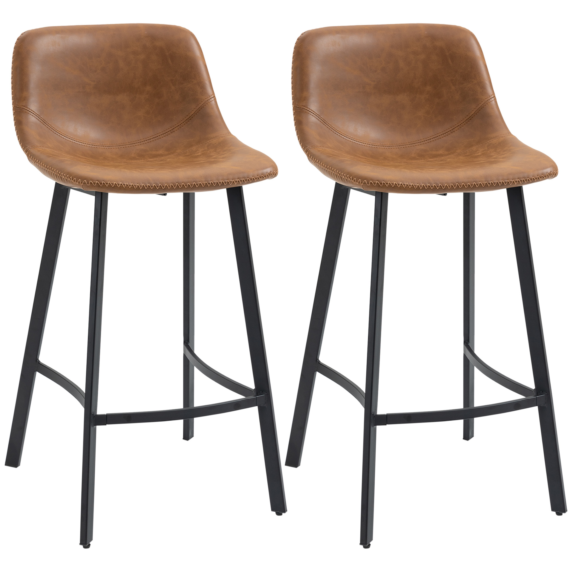 Brown faux leather kitchen stools with curved backrest and steel frame