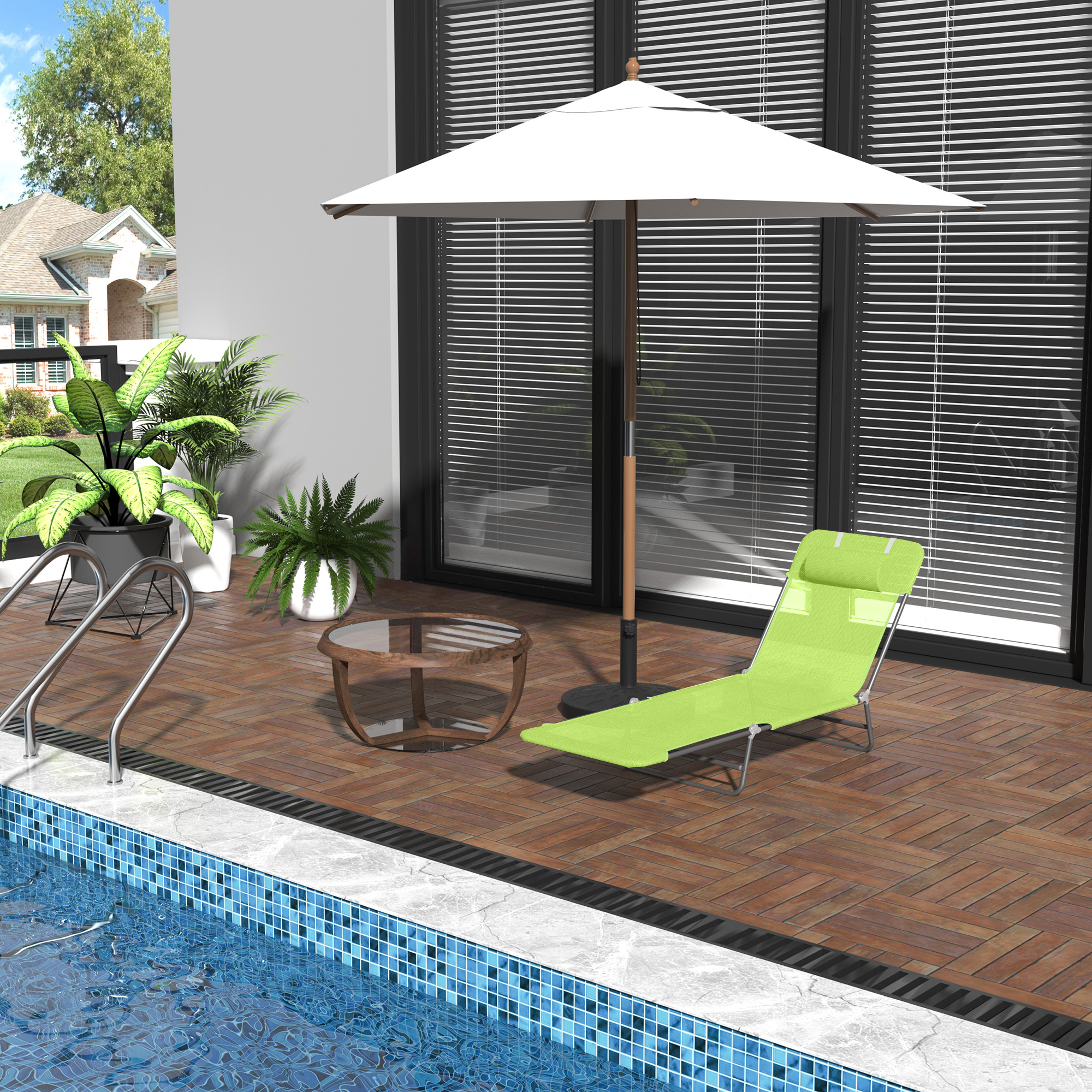 Folding Chaise Lounge Pool Chairs, Outdoor Sun Tanning Chairs with Pillow, Reclining Back, Steel Frame & Breathable Mesh for Beach, Yard, Patio, Green