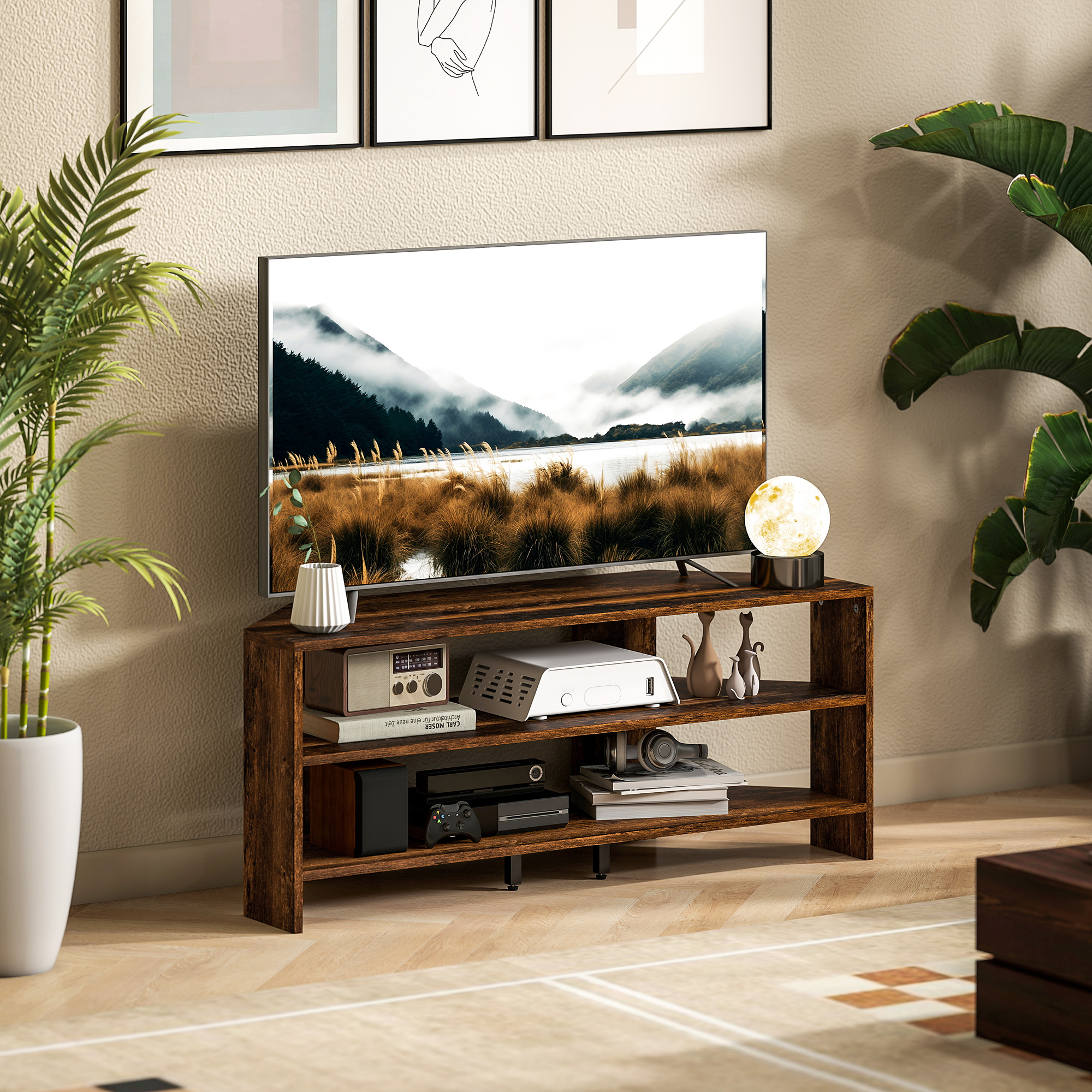 Rustic Brown Corner TV Stand With Open Shelves