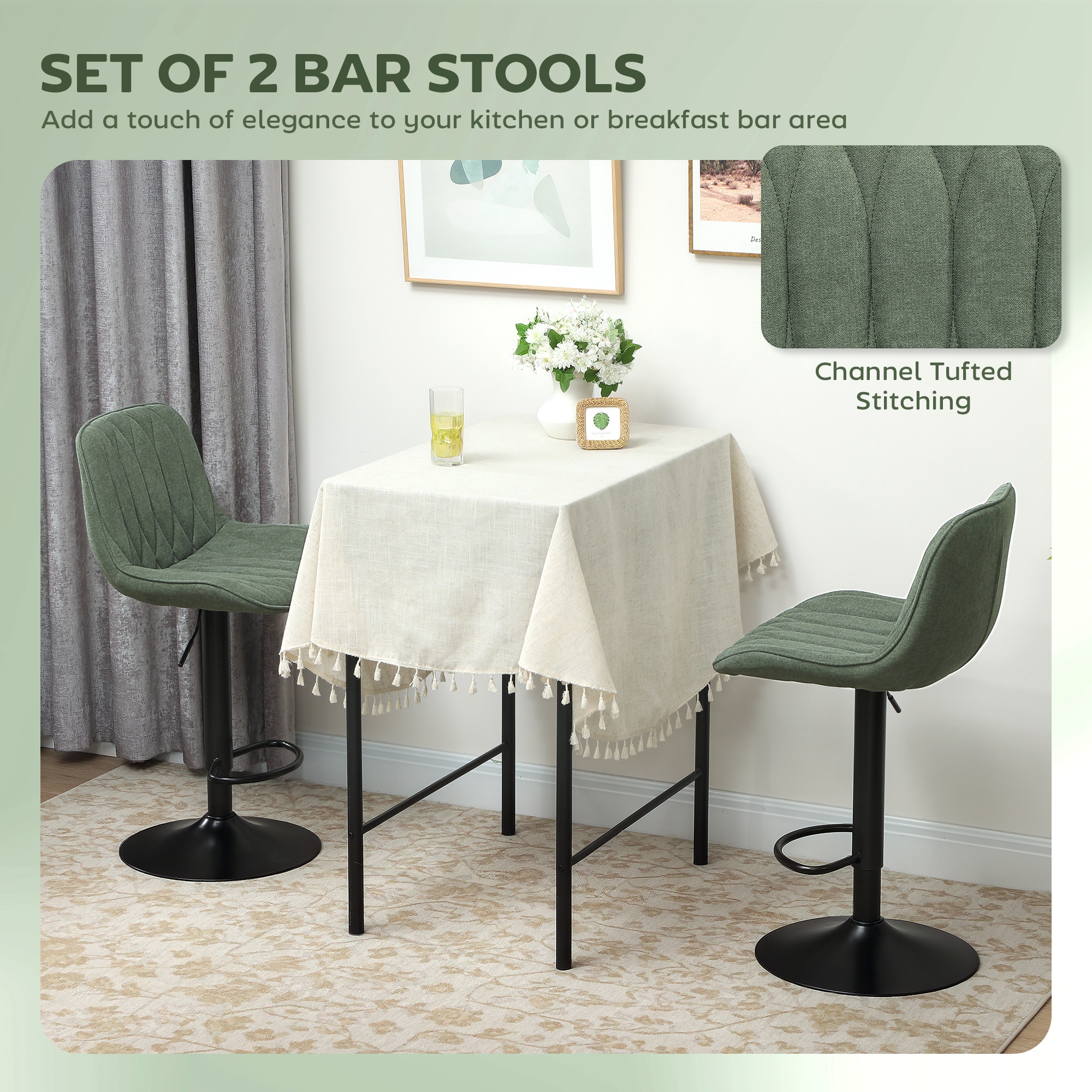 Breakfast Bar Stools Set Of 2 Linen Upholstery 60-80cm