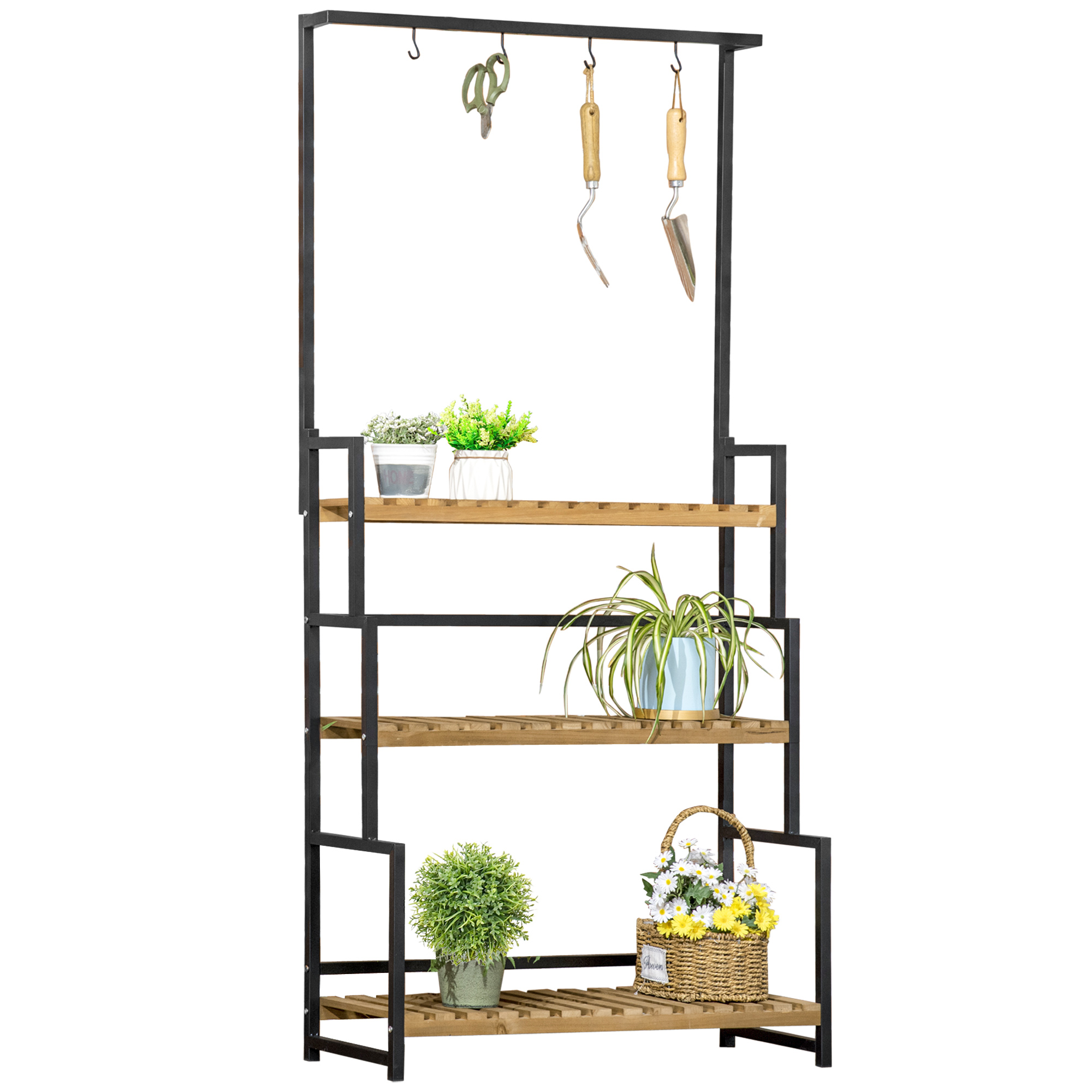 Three-tier wooden plant stand with matte black metal frame and integrated hanging hooks