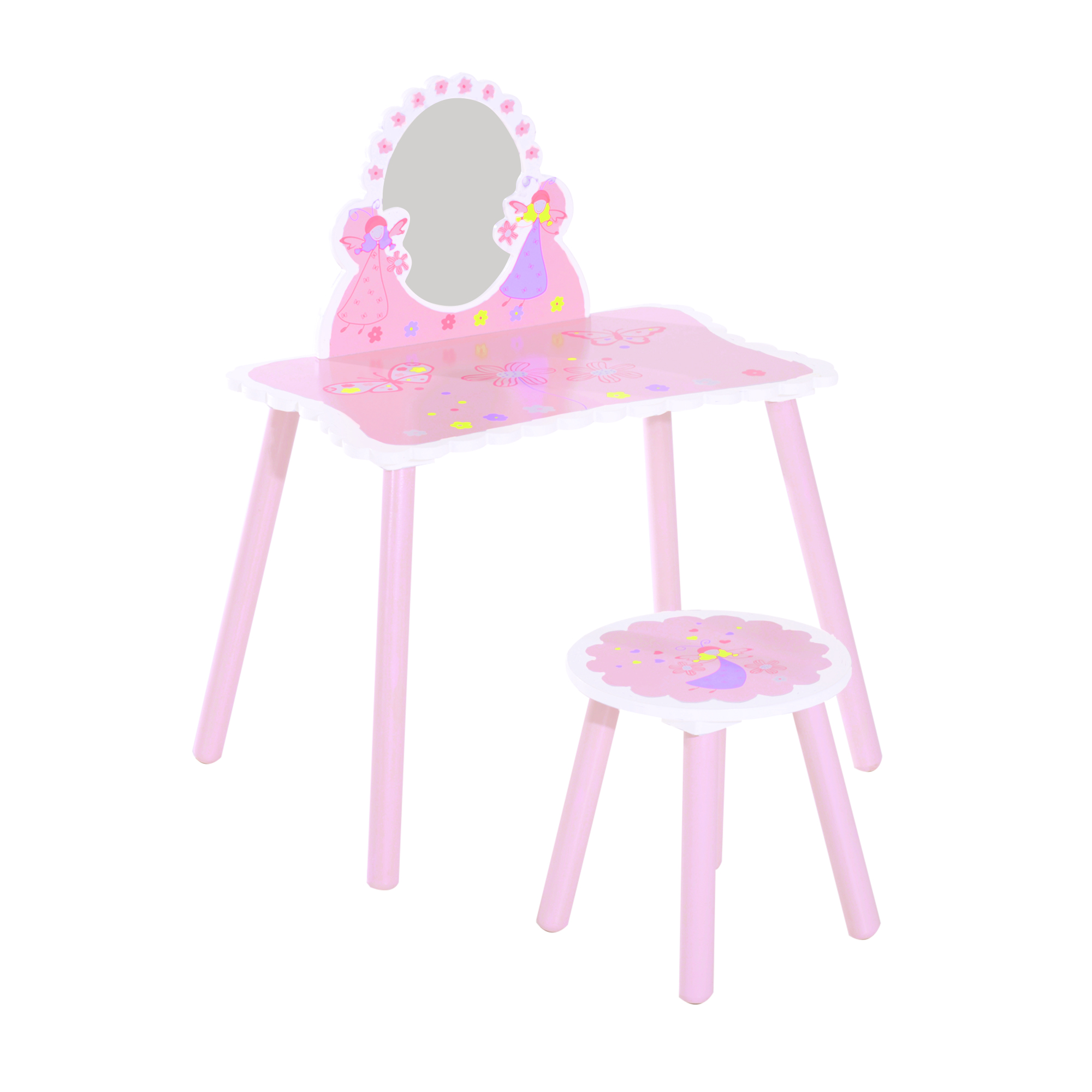 Kids Dressing Table Girls Pink Wooden Kids Dressing Table & Stool Make Up Desk Chair Toys Fairy Dresser Play Set W/Mirror - Image 1