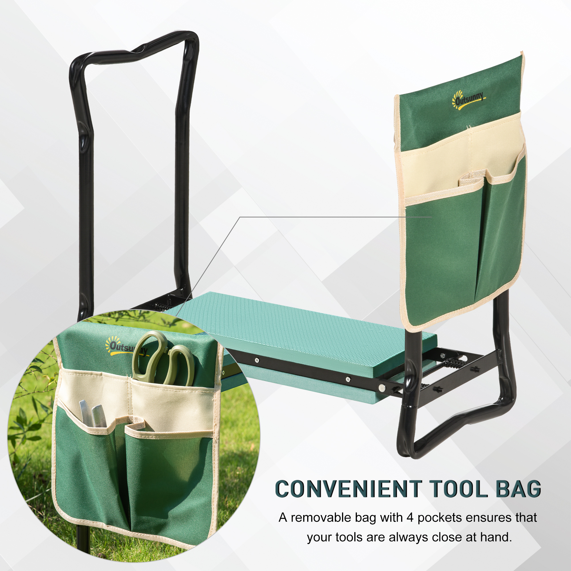 SoilCommander foldable garden kneeler and seat with green tool bag