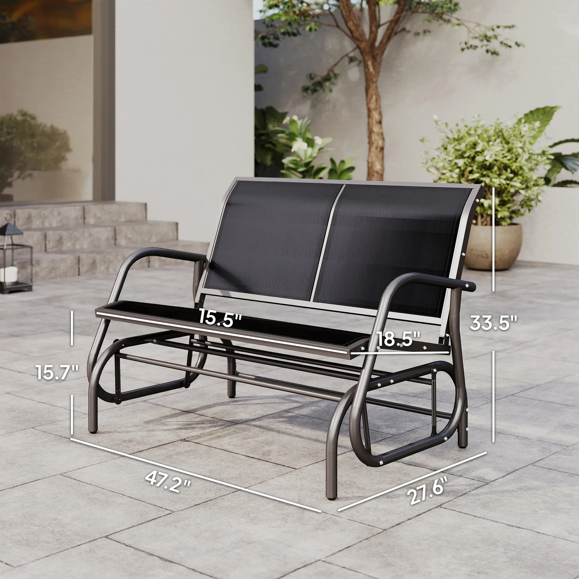 2-Person Outdoor Glider Bench, Patio Double Swing Rocking Chair Loveseat w/Powder Coated Steel Frame for Backyard Garden Porch, Black
