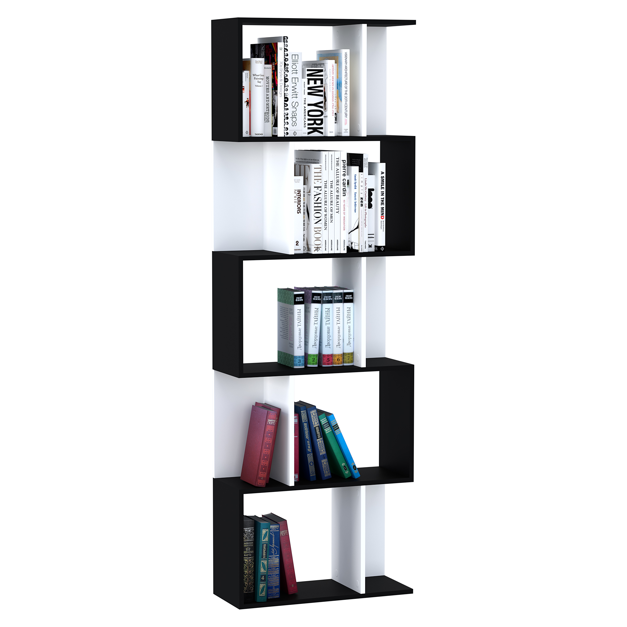 Black S-shaped 5-tier bookshelf used as a freestanding room divider in an open-plan UK flat.