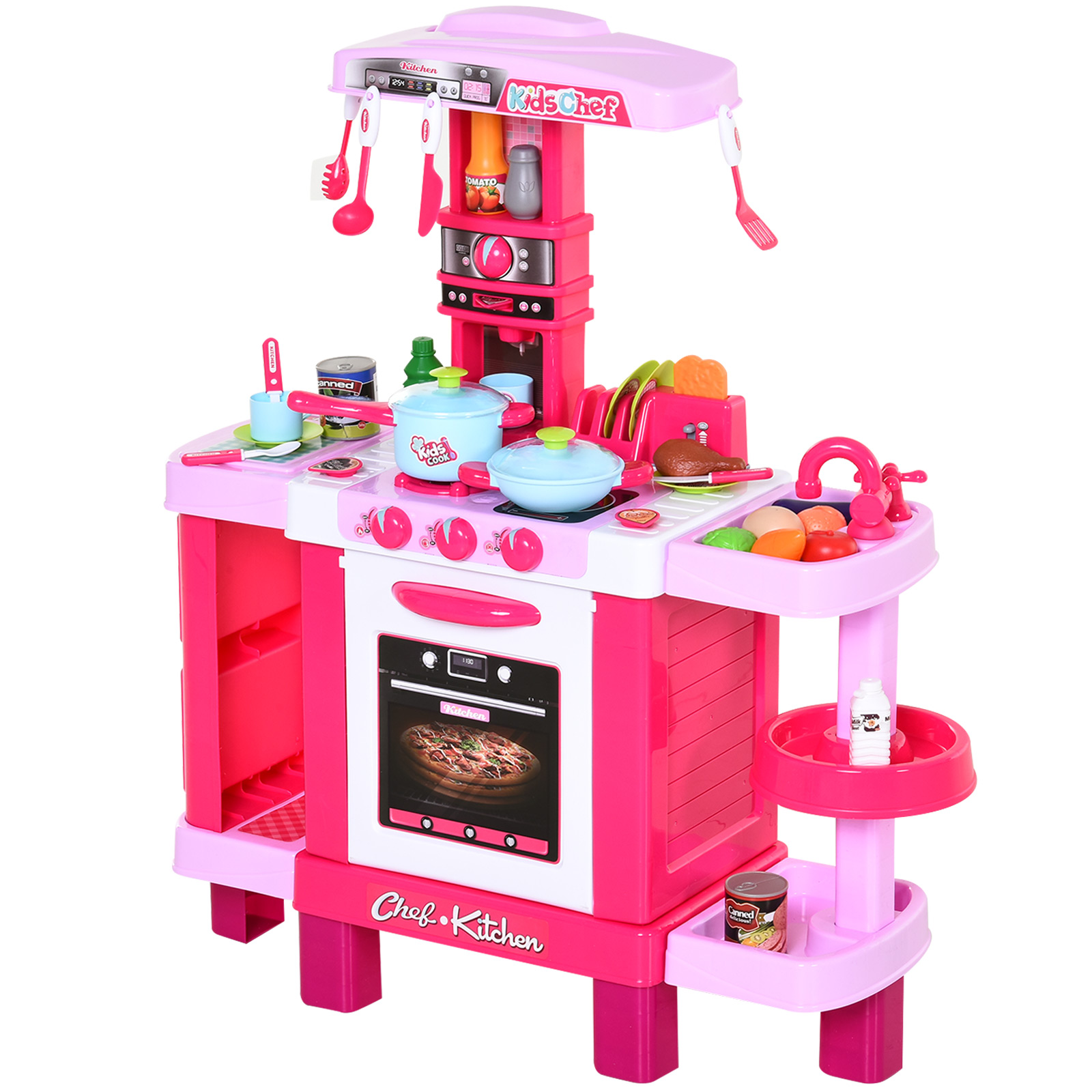 38 Pcs Kids Children Kitchen Play Set W/ Realistic Sounds Lights Food Utensils Pots Pans Appliances Toy Game Pink