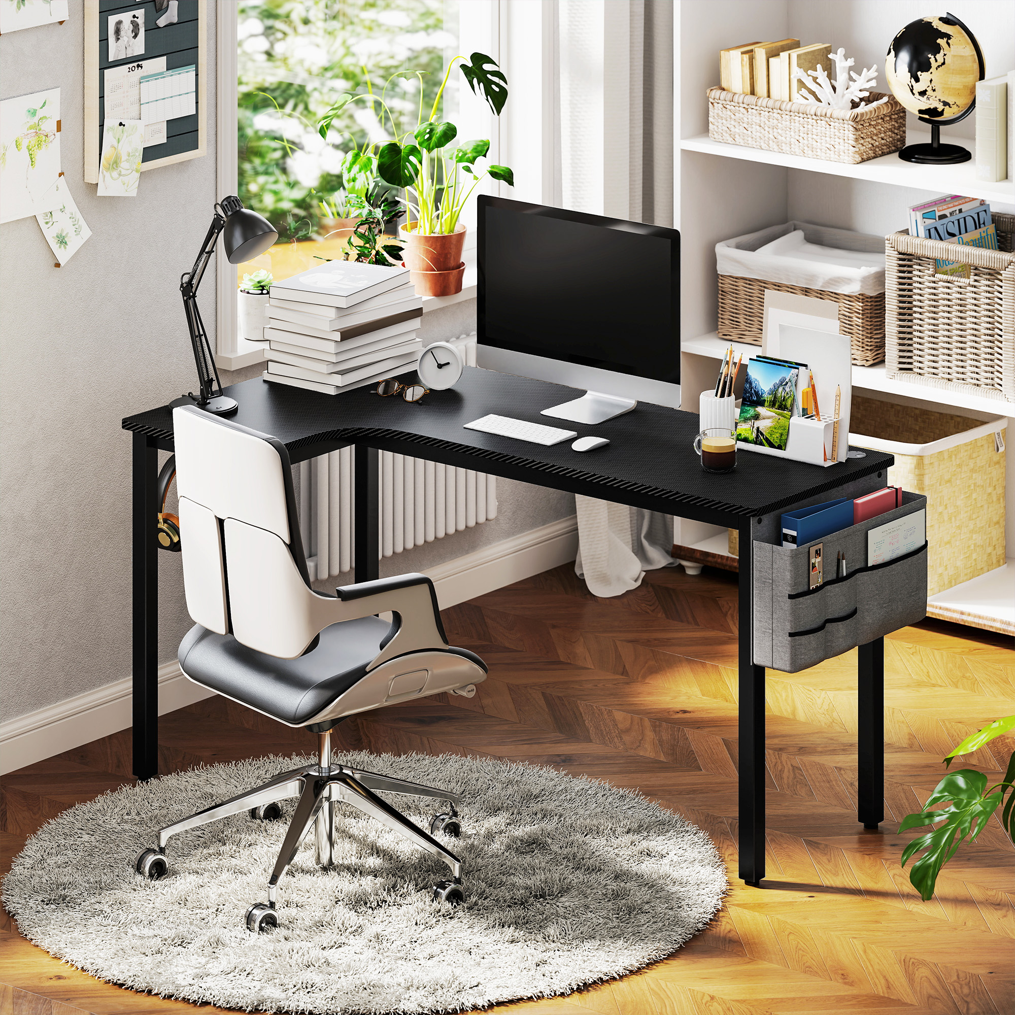 L-Shaped Computer Gaming Desk With Fabric Bag, Hooks And Cable Management, 145 X 81 X 76cm - Black 3