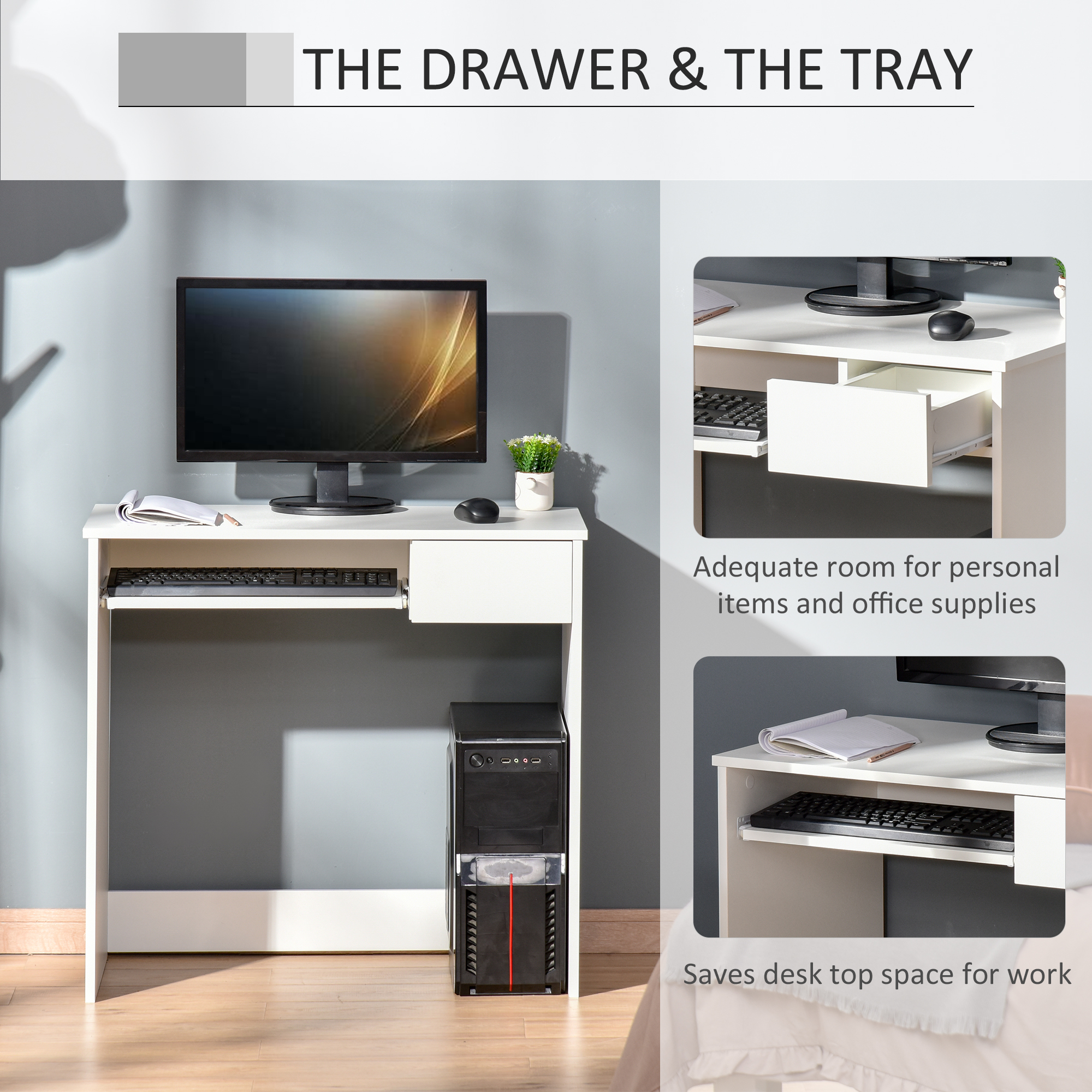 80cm Compact Computer Desk With Keyboard Tray, Home Office