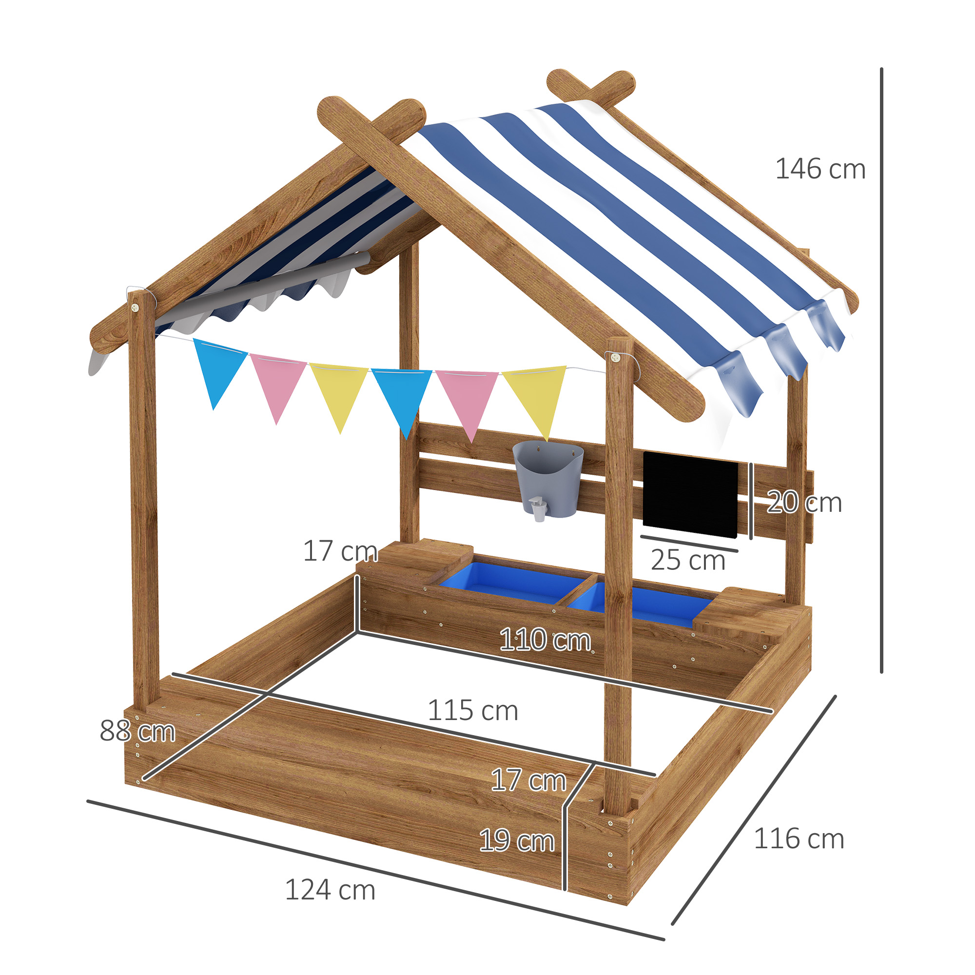 House-Designed Wooden Sandbox, Outdoor Sandpit, With Blackboard, Toys, Sink, Seats, Flags, For Ages 3-7 Years - Brown