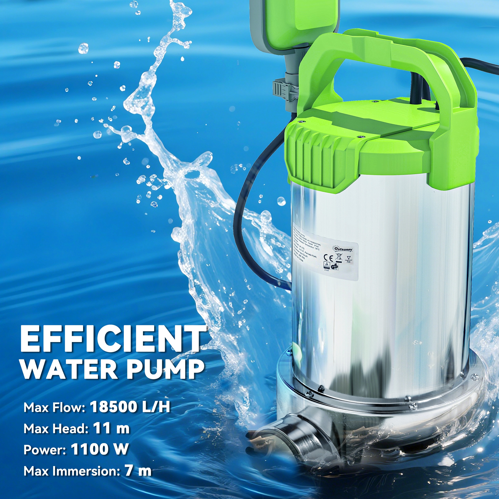 1100W Submersible Water Pump For Dirty/Clean Water, 18500L/H Electric Sump Pump With Float Switch, Drain Water From Garden Pond, Hot Tub, Ditches, Portable And Lightweight, Green