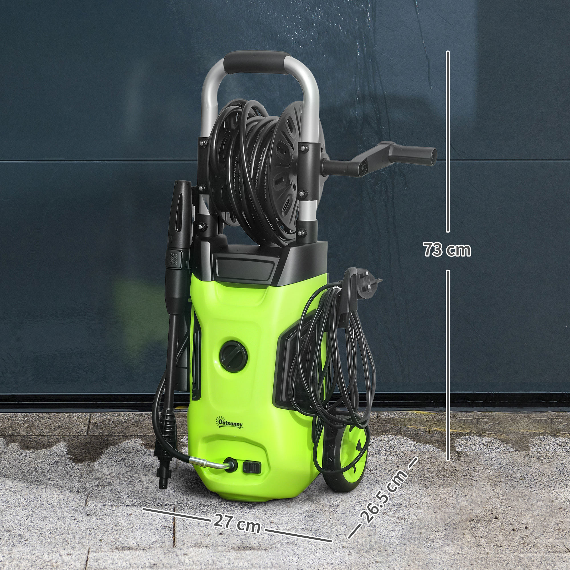 1800W High Pressure Washer, 150 Bar Pressure, 420 L/h Flow, Portable Power Washer Jet Wash Cleaner With Adjustable Nozzle, 6M Hose, Hose Reel, Steel Handle For Home Patio Car Driveway, Green