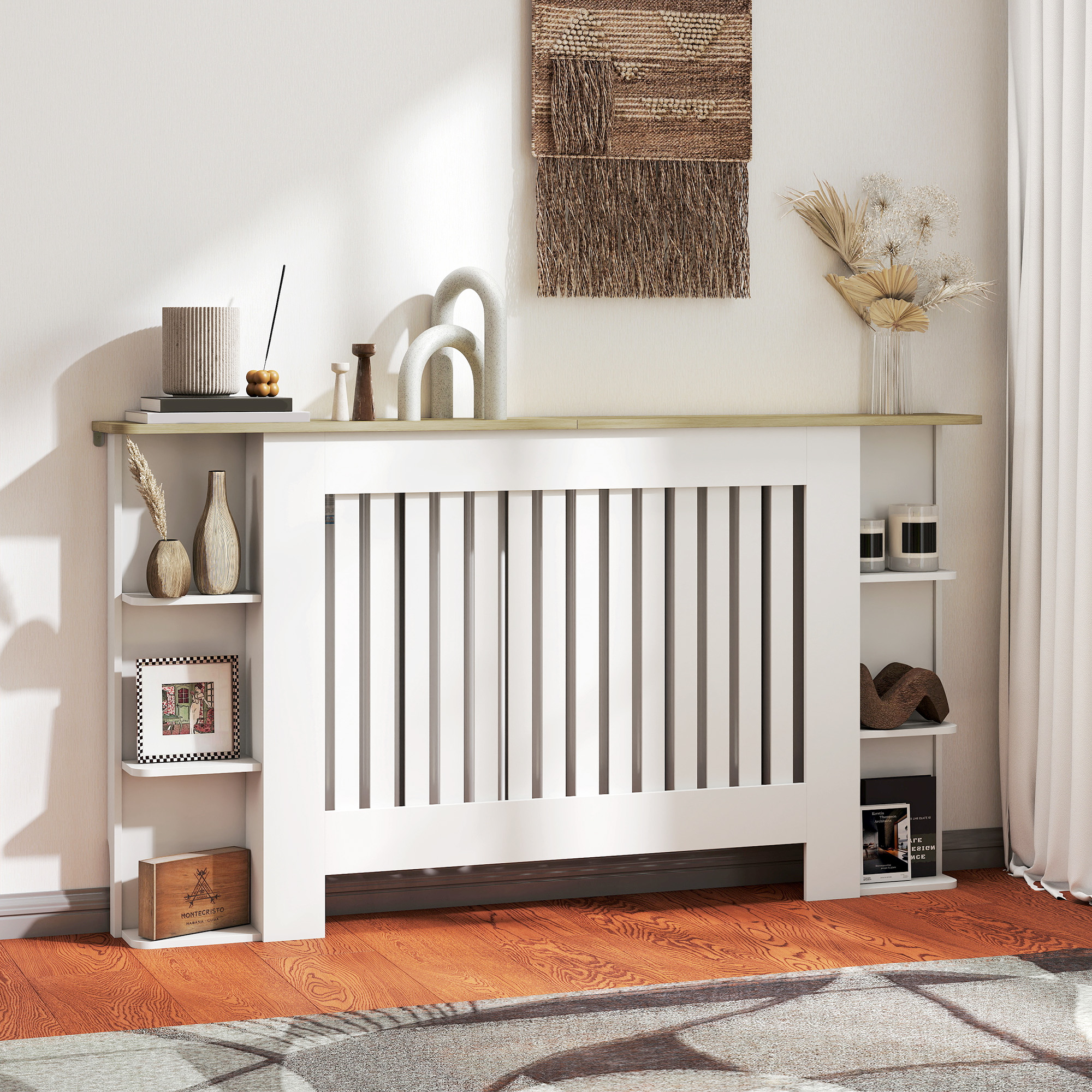 Radiator Cover With Open Storage Shelves, Vertical Slatted Cabinet Shelf Heater Cover For Living Room, Hallway, Large, White (H: 83 / W: 152 / D: 19 Cm)