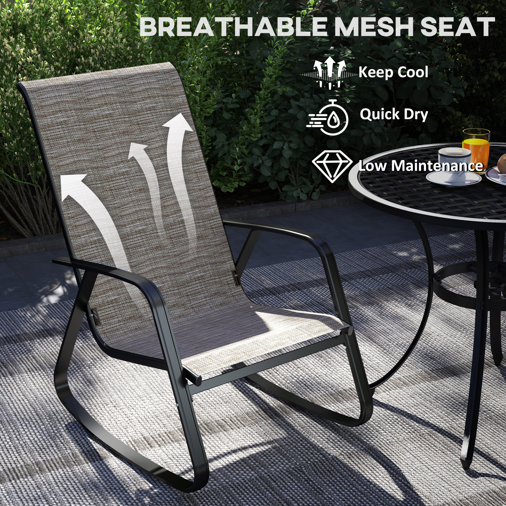 Close-up of the texteline mesh seat and powder-coated steel frame of the light brown rocking chair