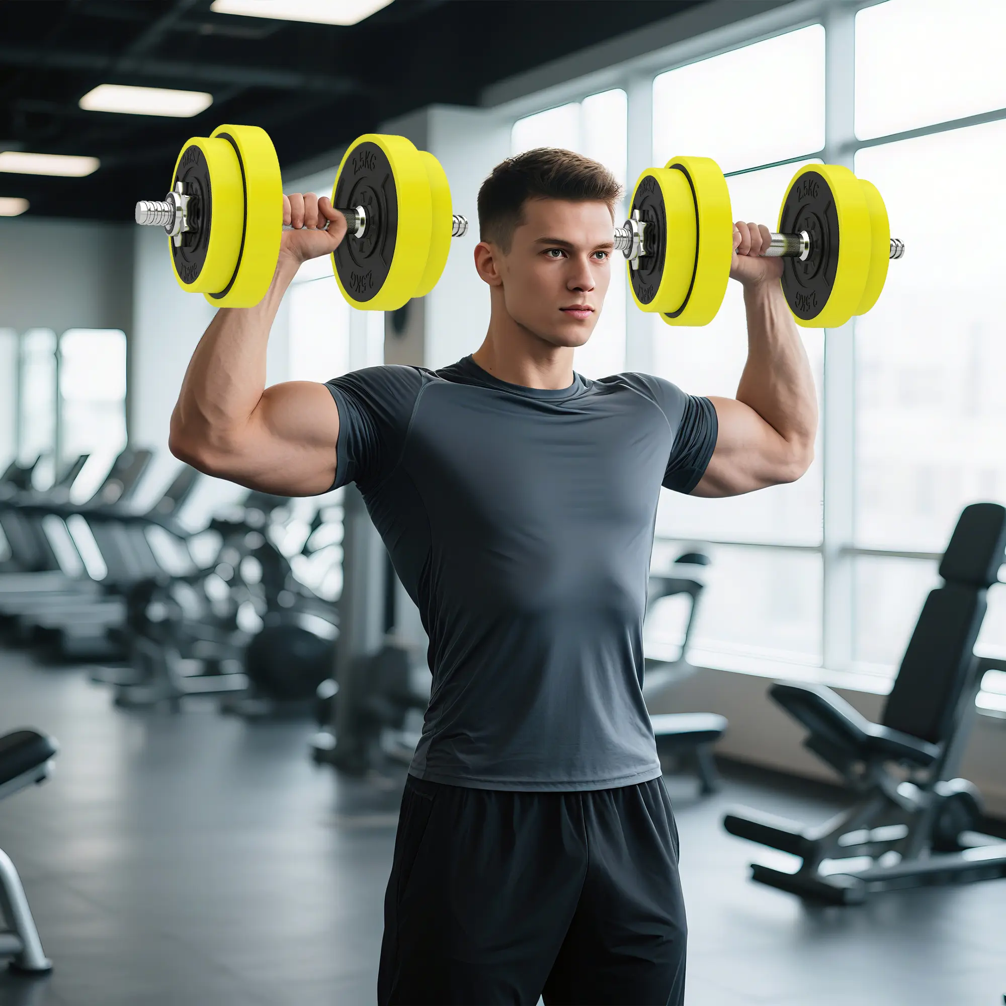 20KGS 2-In-1 Dumbbell & Barbell Adjustable Set Strength Muscle Exercise Fitness Plate Bar Clamp Rod Home Gym Sports Area, Yellow